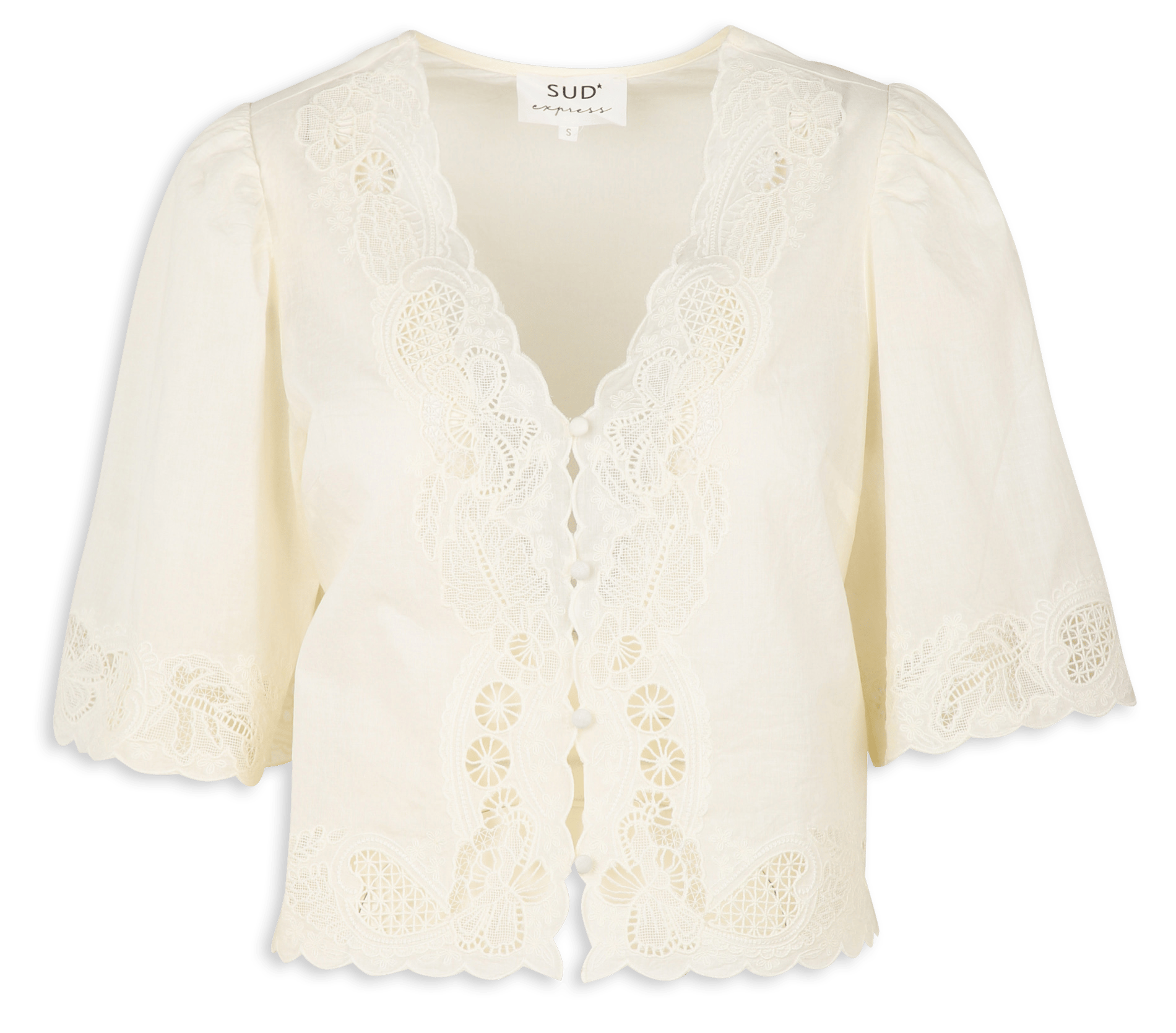 Gerade geschnittenes Baumwollhemd mit V-Ausschnitt und Stickerei SUD EXPRESS Beige