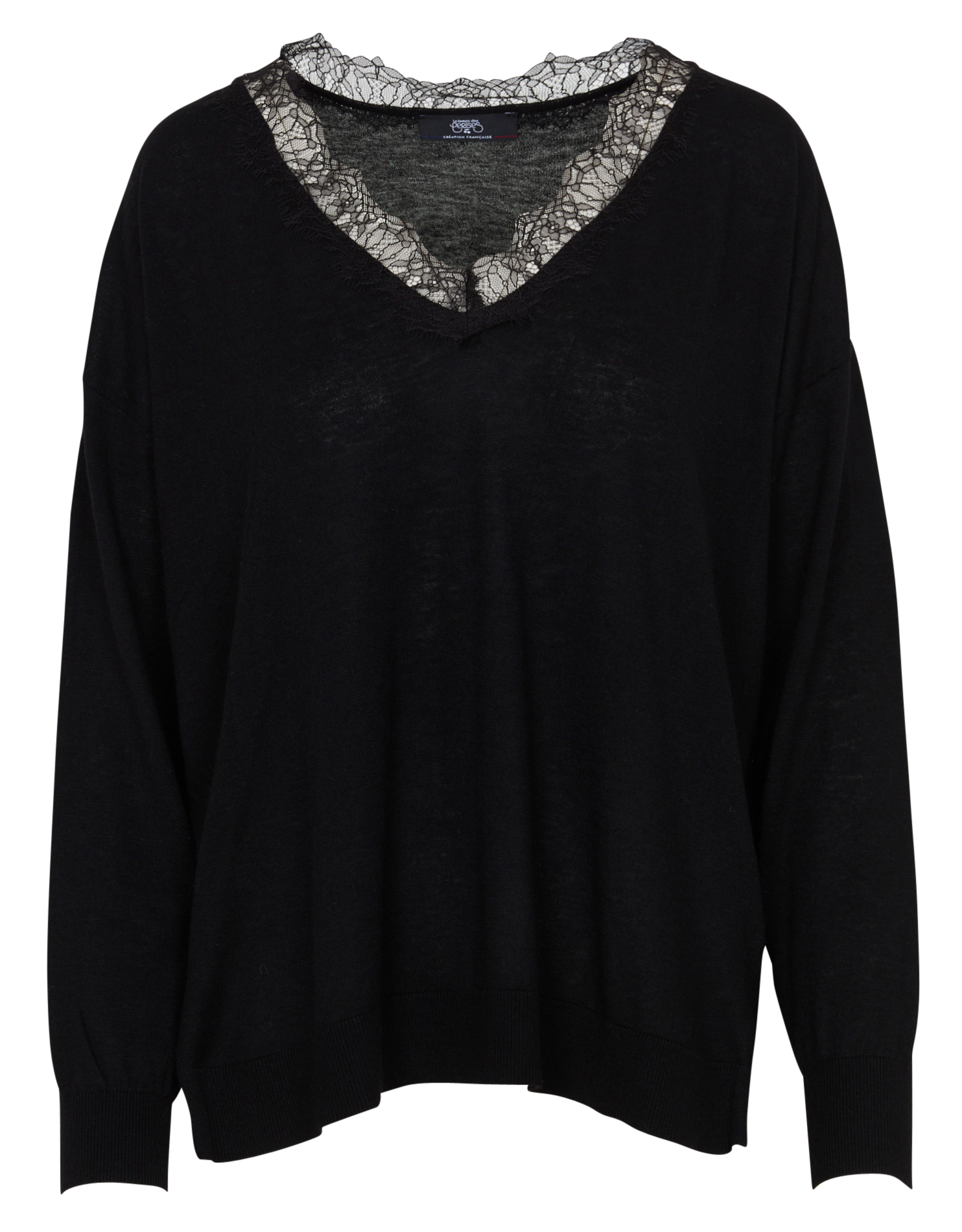 Pull en maille col v à dentelle  LE TEMPS DES CERISES Noir