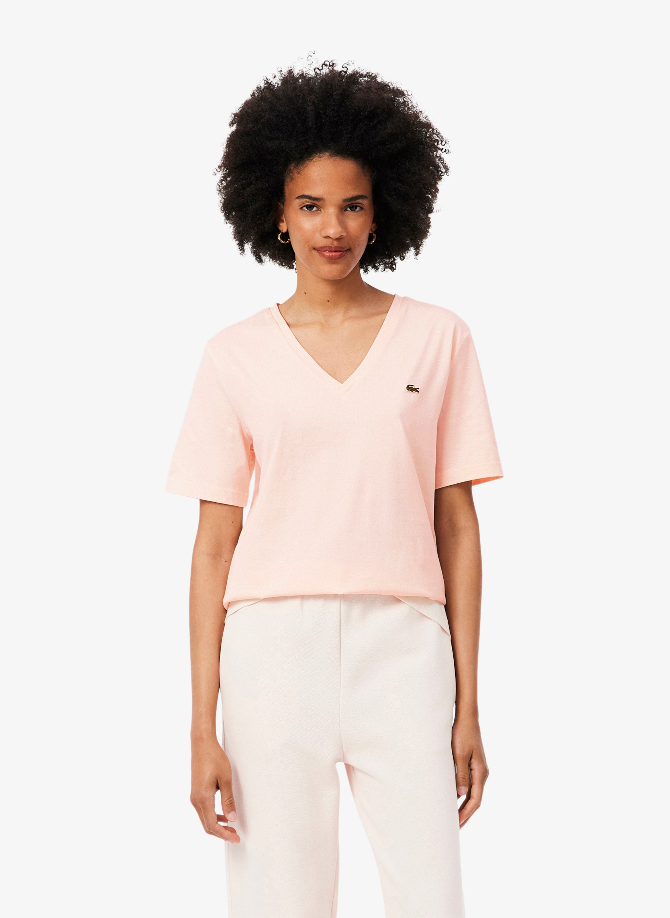 T-Shirt mit V-Ausschnitt aus Baumwolle LACOSTE Rosa