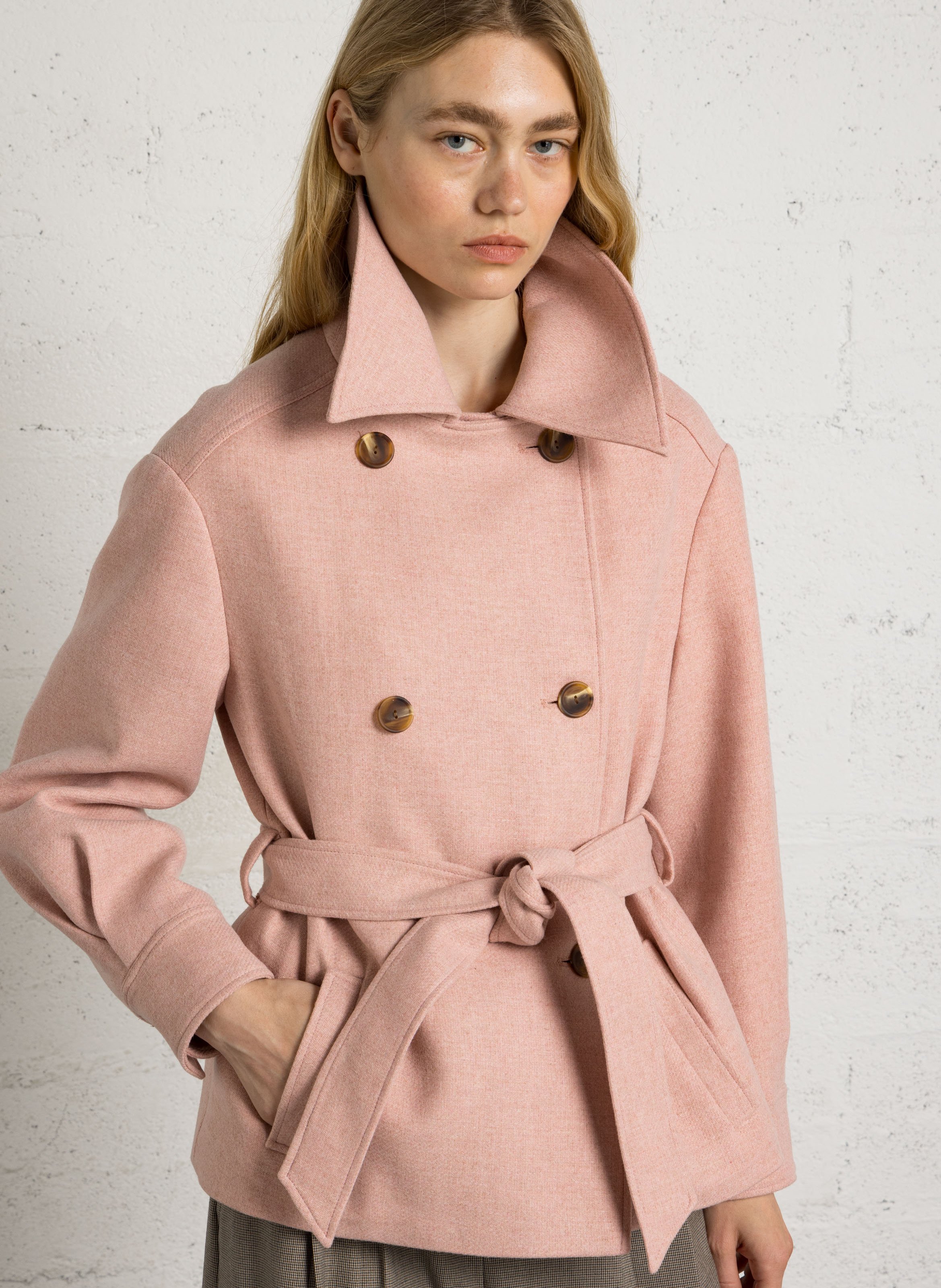 Manteau droit col classique avec ceinture en laine mélangée MAISON 123 Rose