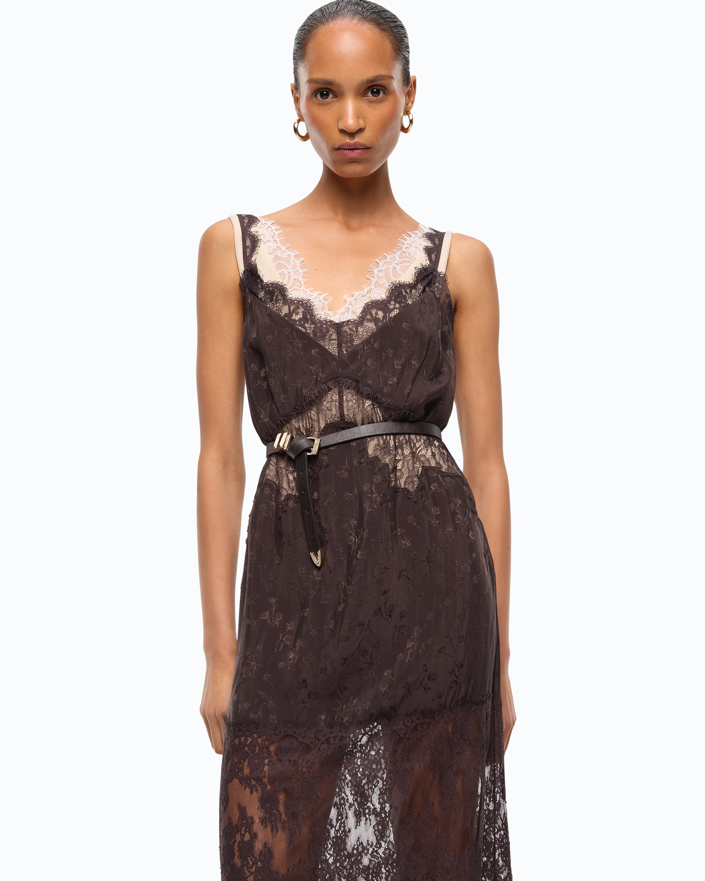 Robe nuisette mi-longue avec bandes en dentelle PINKO Marron