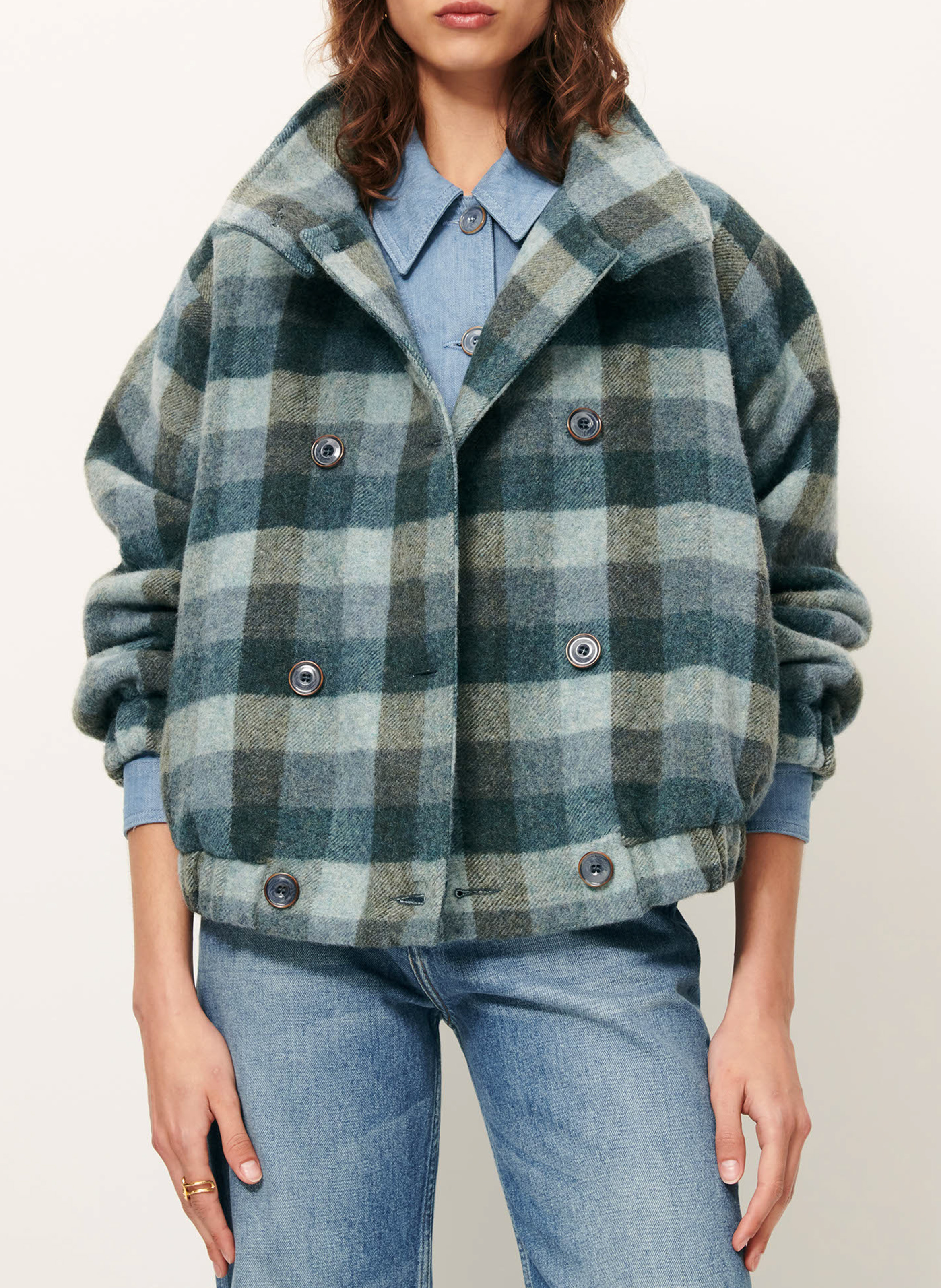 Manteau droit col montant en laine mélangée à carreaux SESSUN Bleu