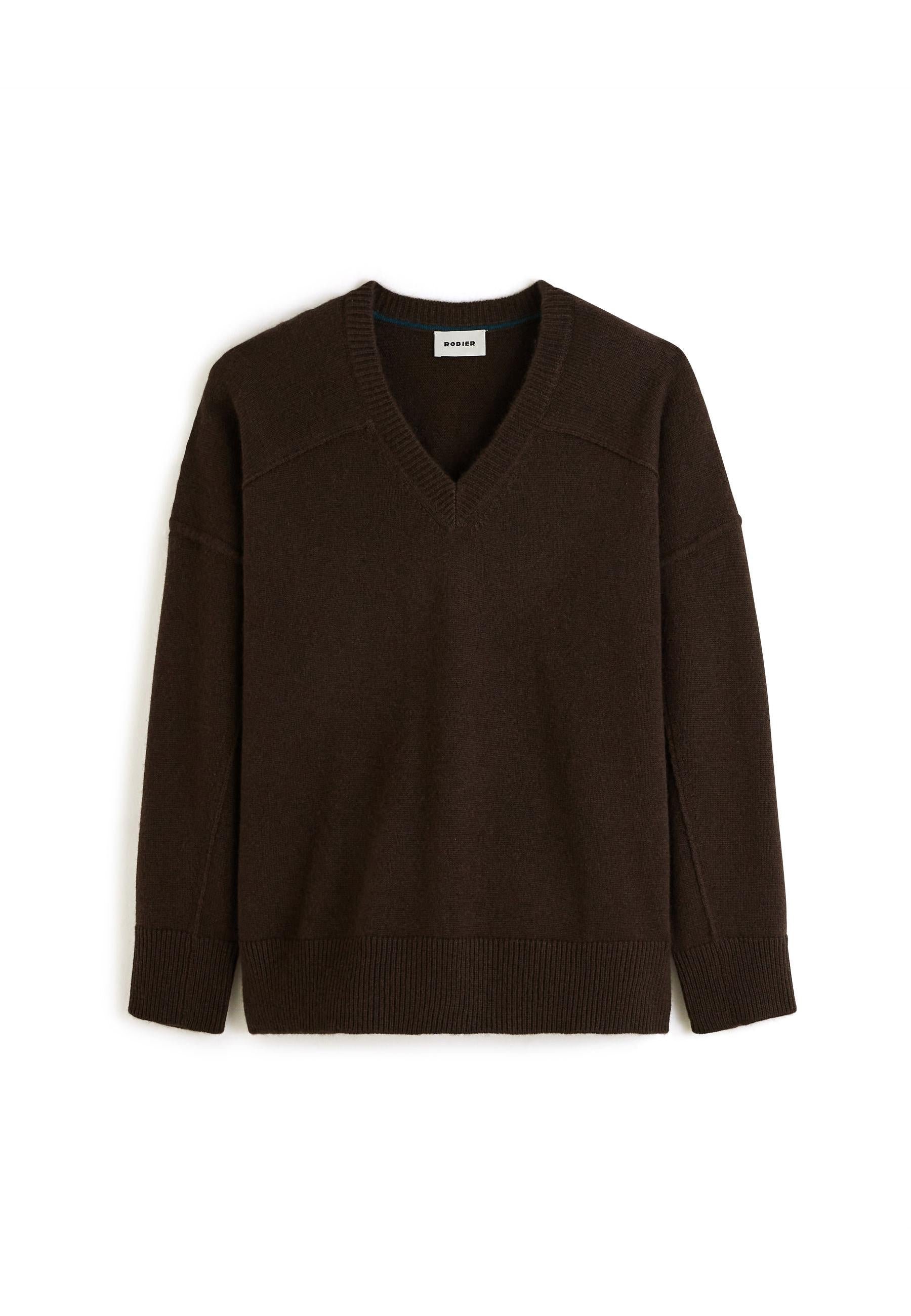 Oversized V-neck cashmere sweater in 4-ply yarn RODIER Brown