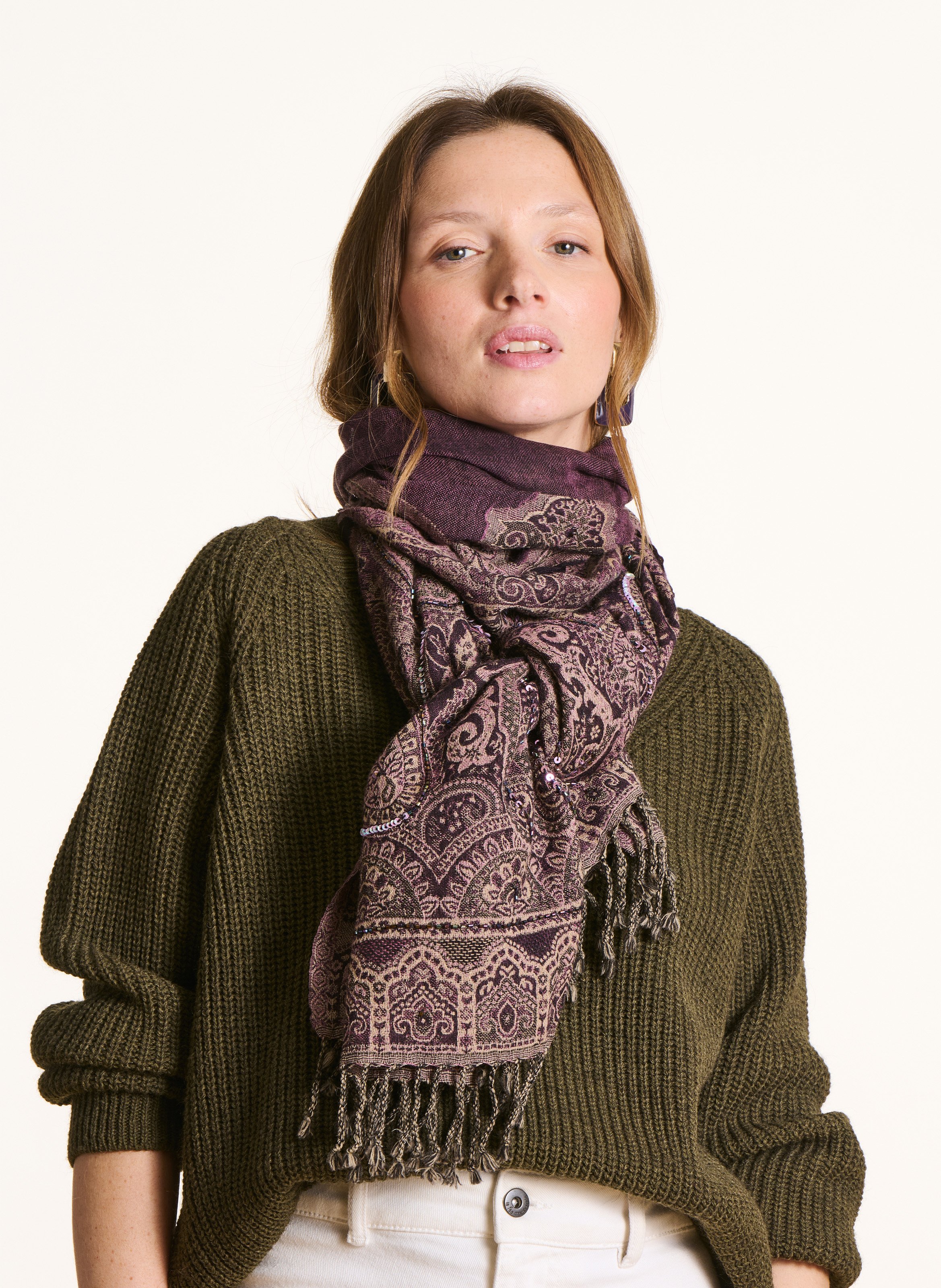 Echarpe brodée en laine et coton LA FEE MARABOUTEE Grey