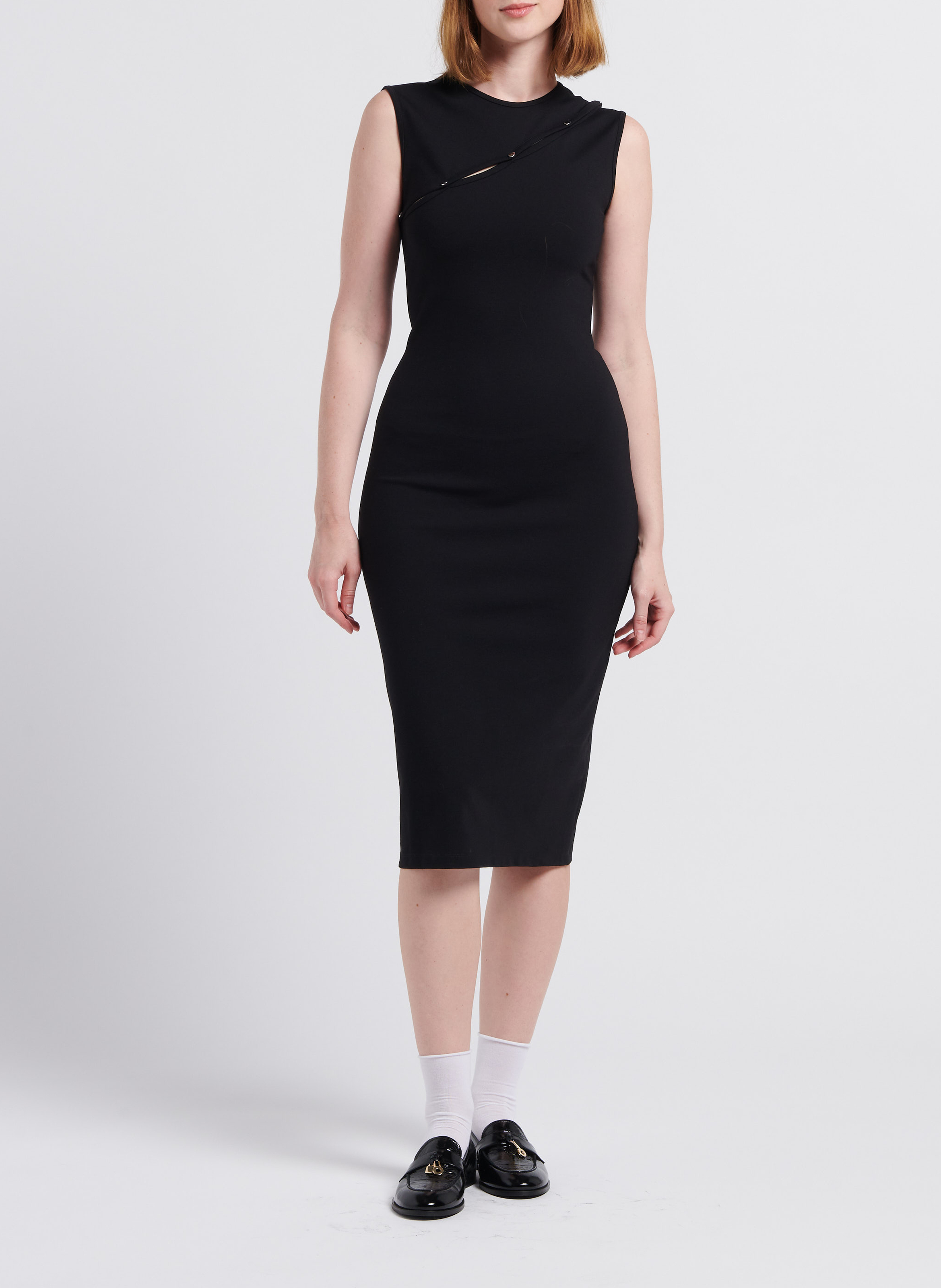 Figurbetontes Midikleid mit Rundhalsausschnitt und Ajourmuster-Passe SAMSOE SAMSOE Schwarz