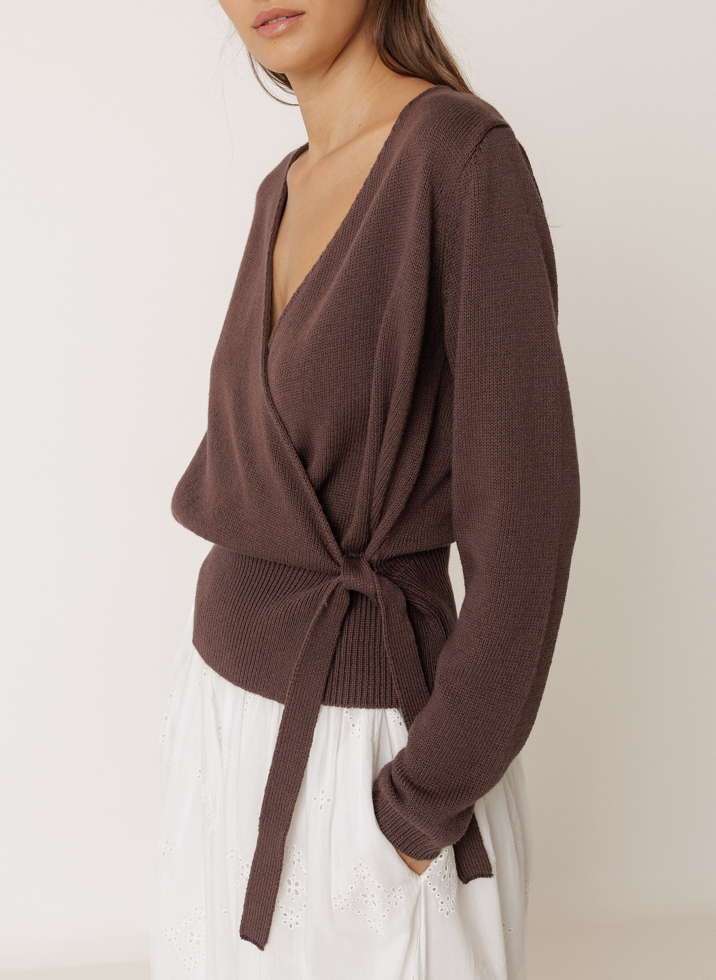 Solid color wrap cotton blend vest INDI & COLD Brown