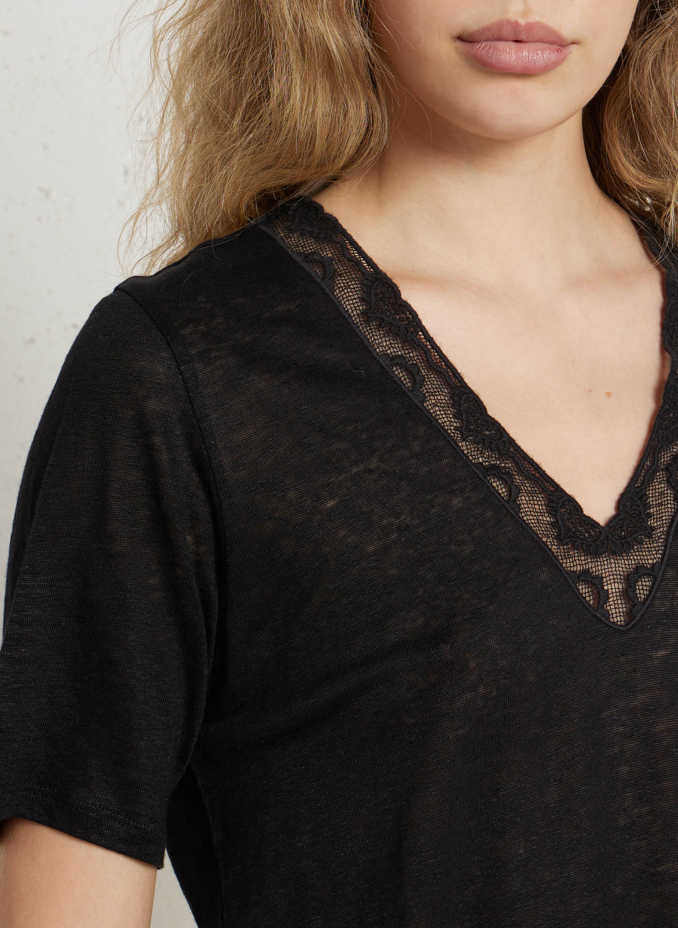 T-Shirt mit V-Ausschnitt und Spitze aus Leinen DES PETITS HAUTS Schwarz