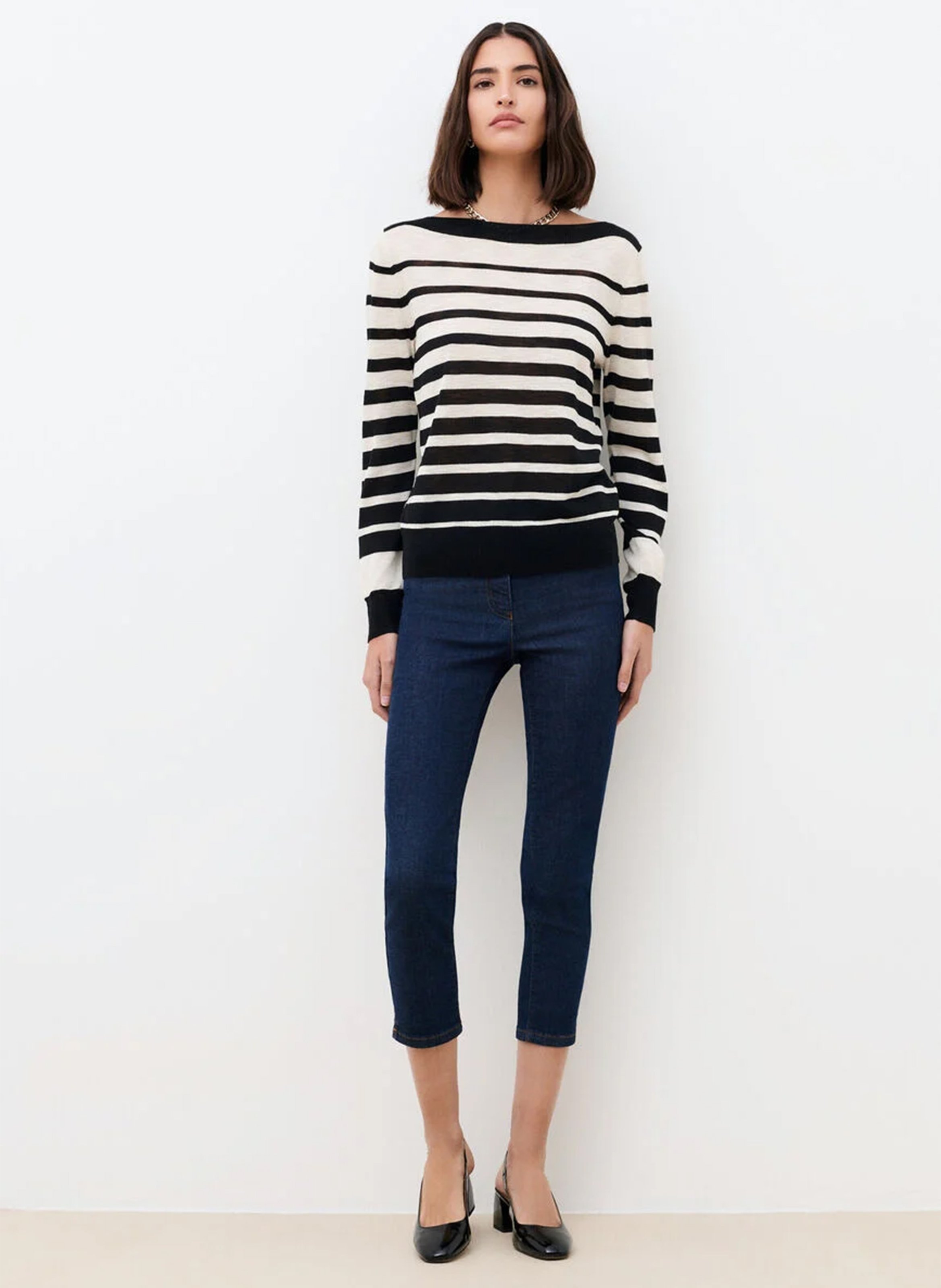 Pull droit col bateau en maille rayée CAROLL Noir