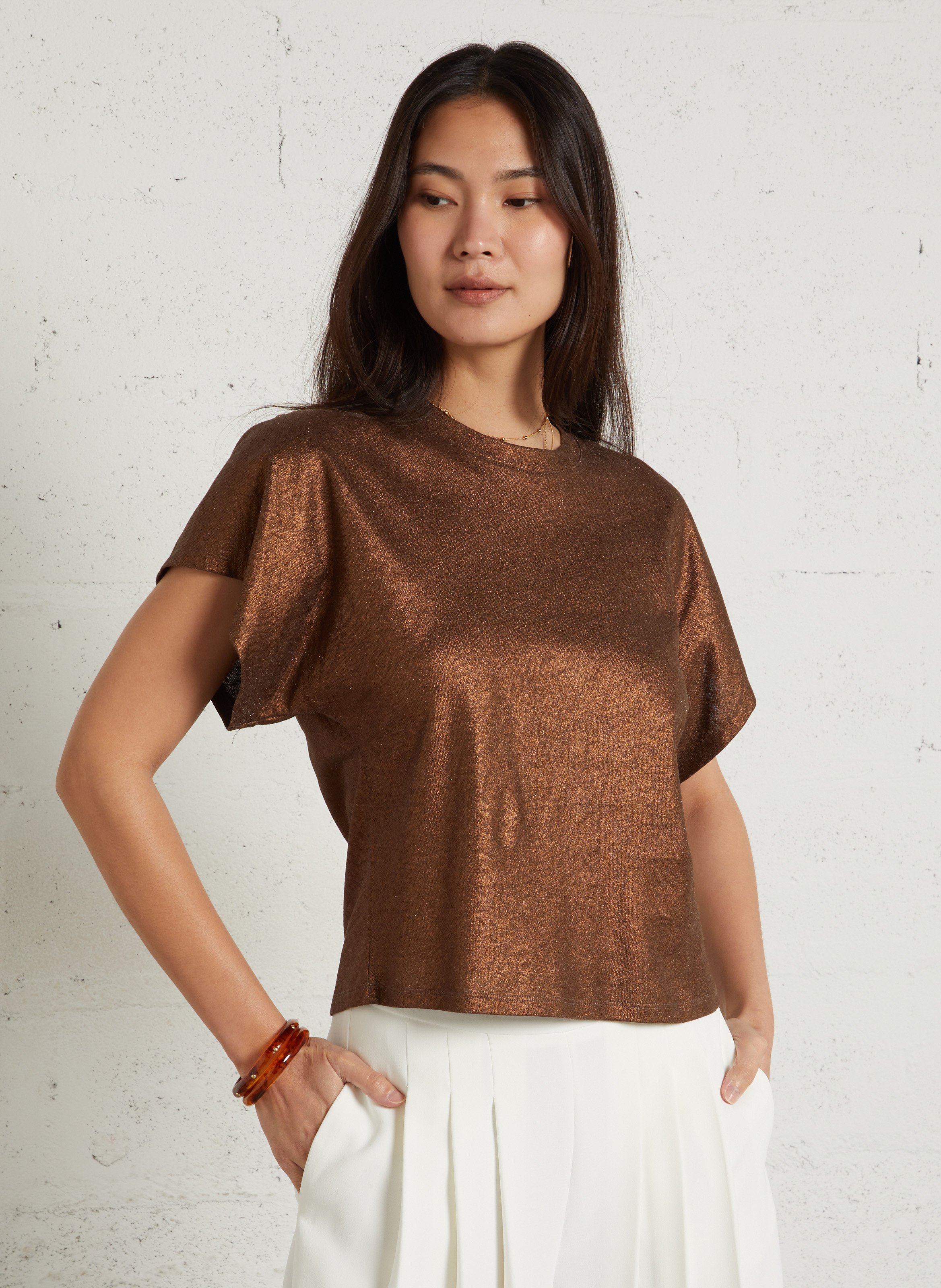 Tee-shirt ajusté col rond en coton et lin MAJESTIC FILATURES Marron