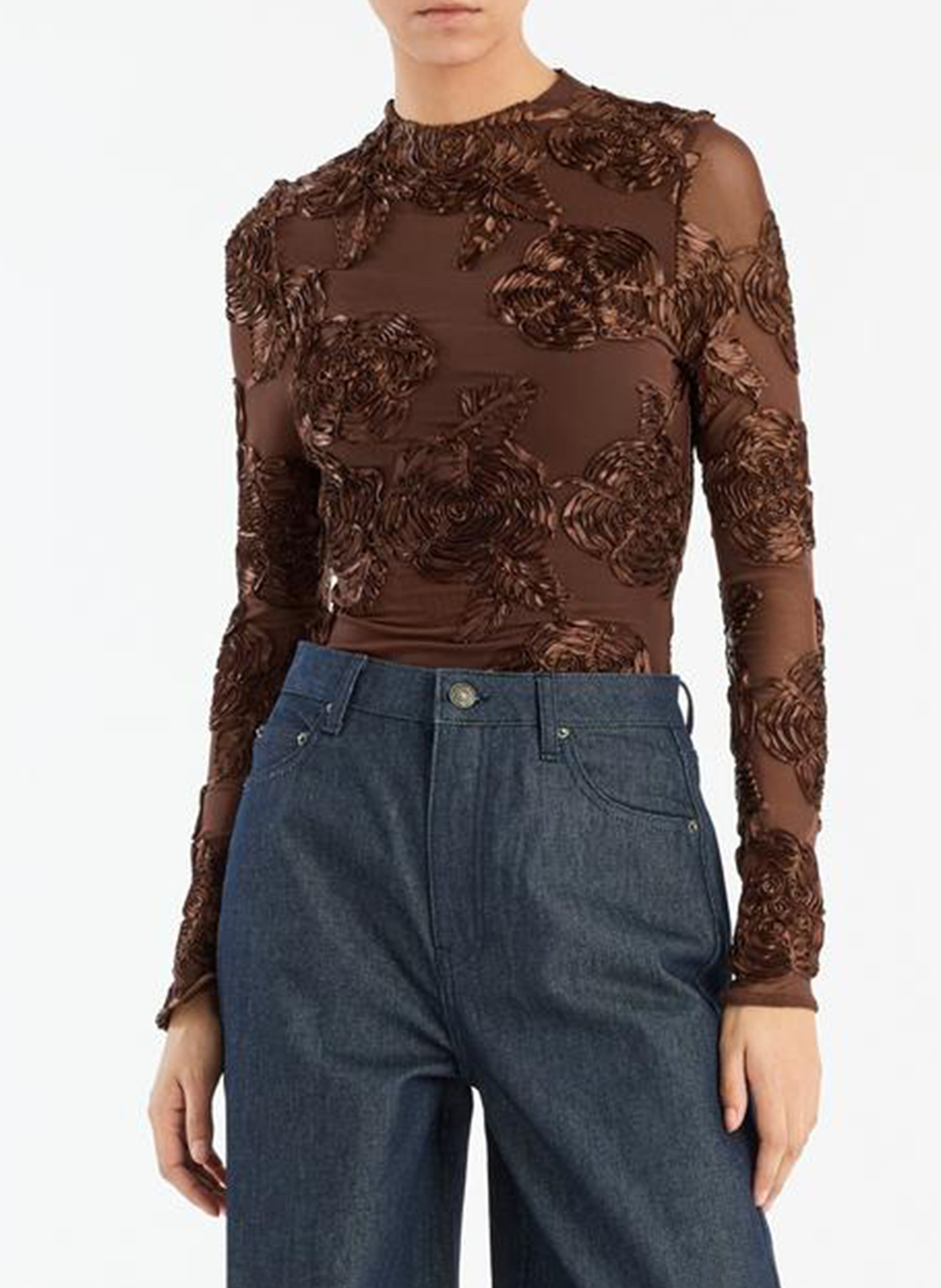 Floral round neck fitted top. ROTATE Brown