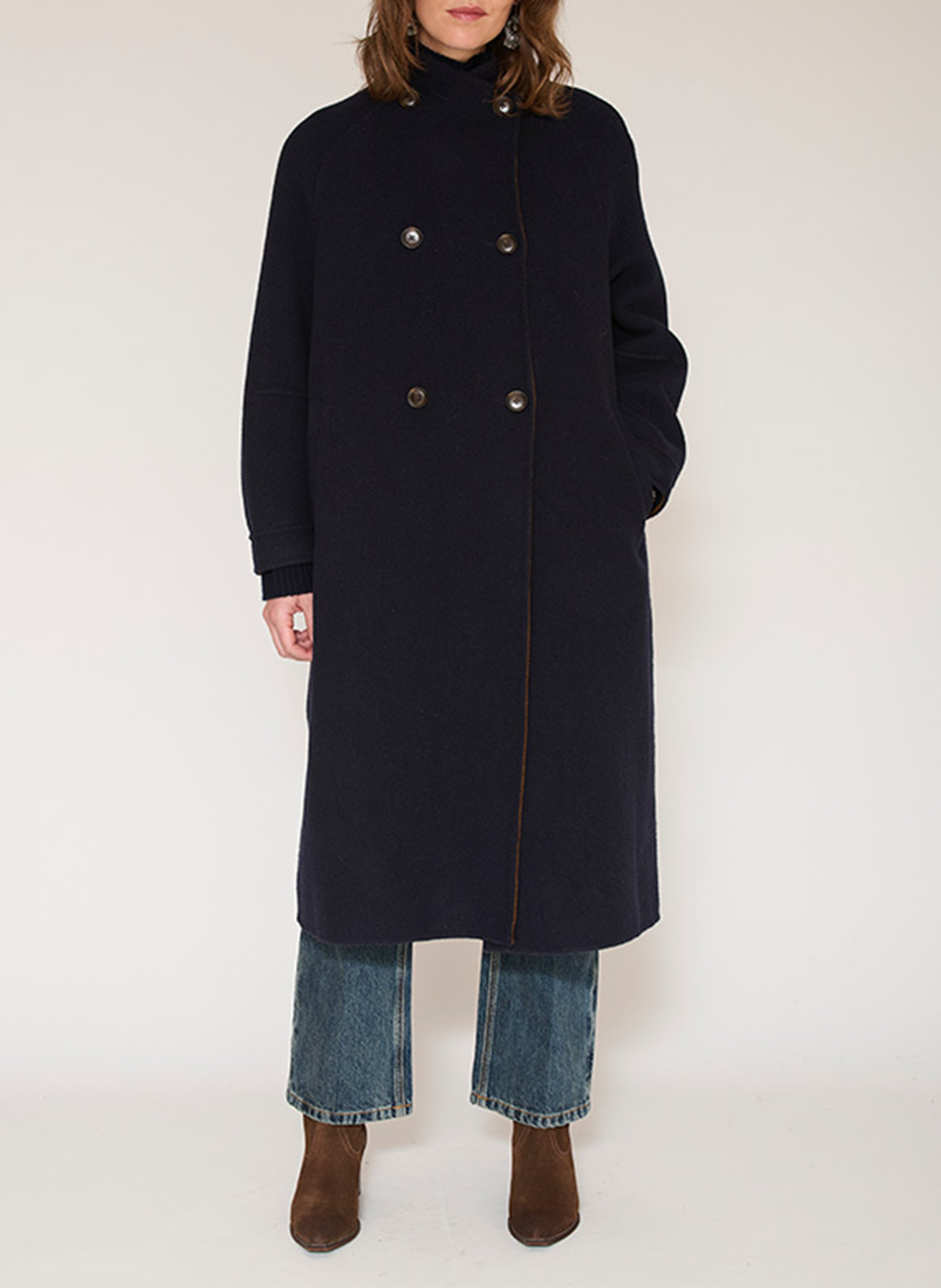 Manteau ample col montant en laine mélangée MKT Bleu