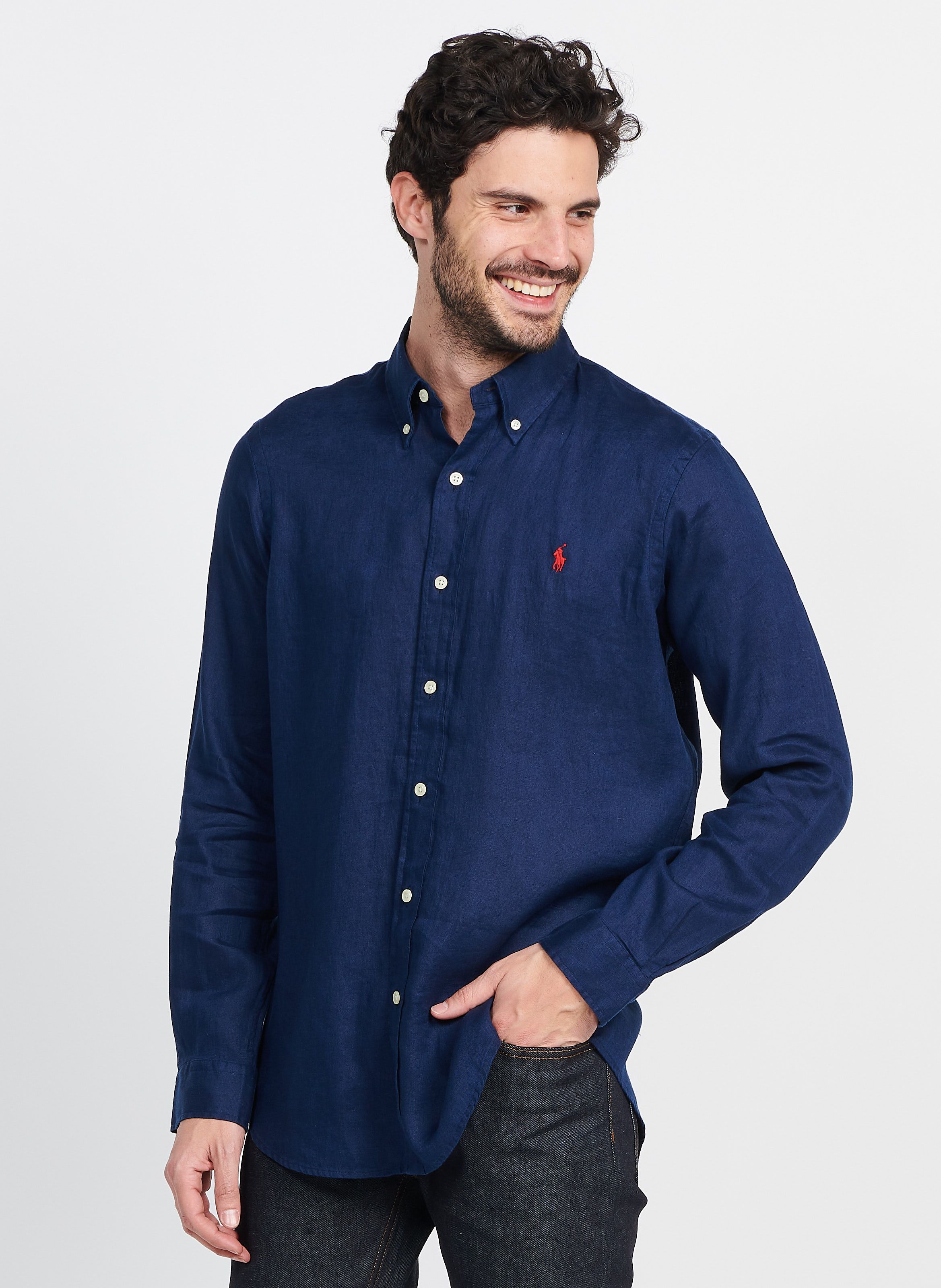 Blue Regular fit linen shirt with button down collar