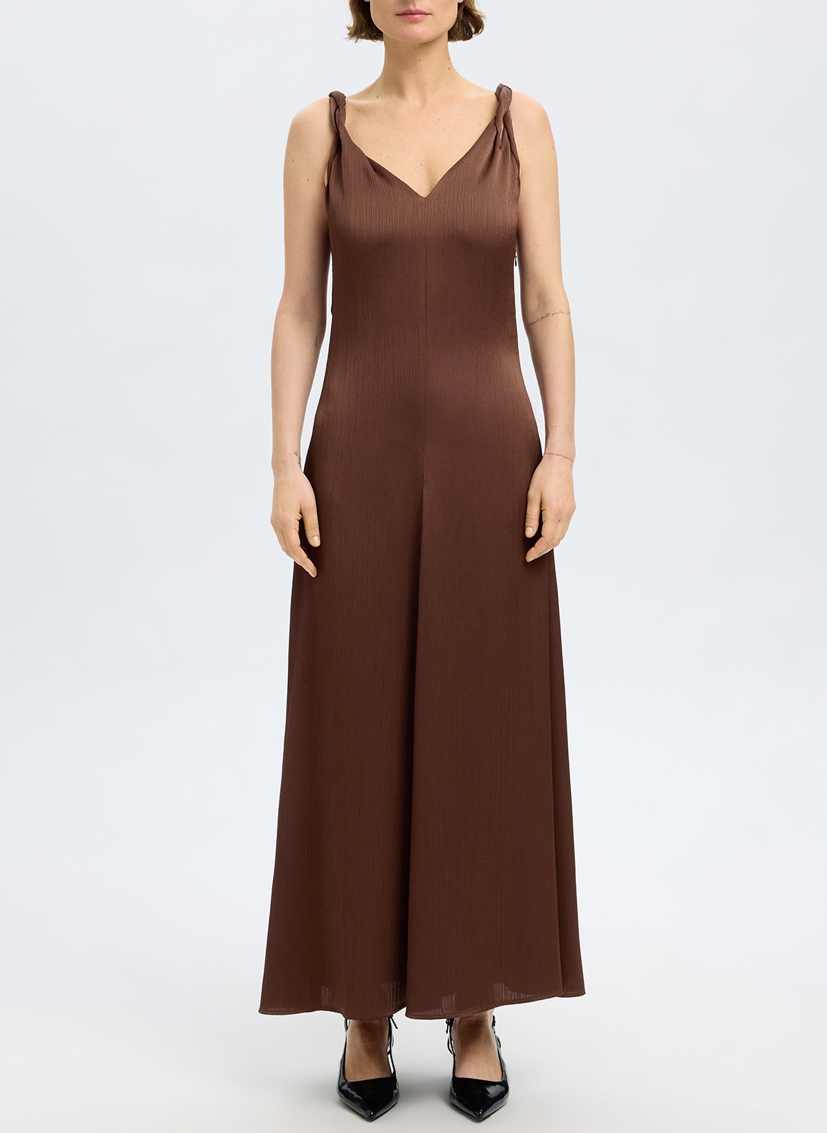 Long satin dress with V-neck SELECTED Brown