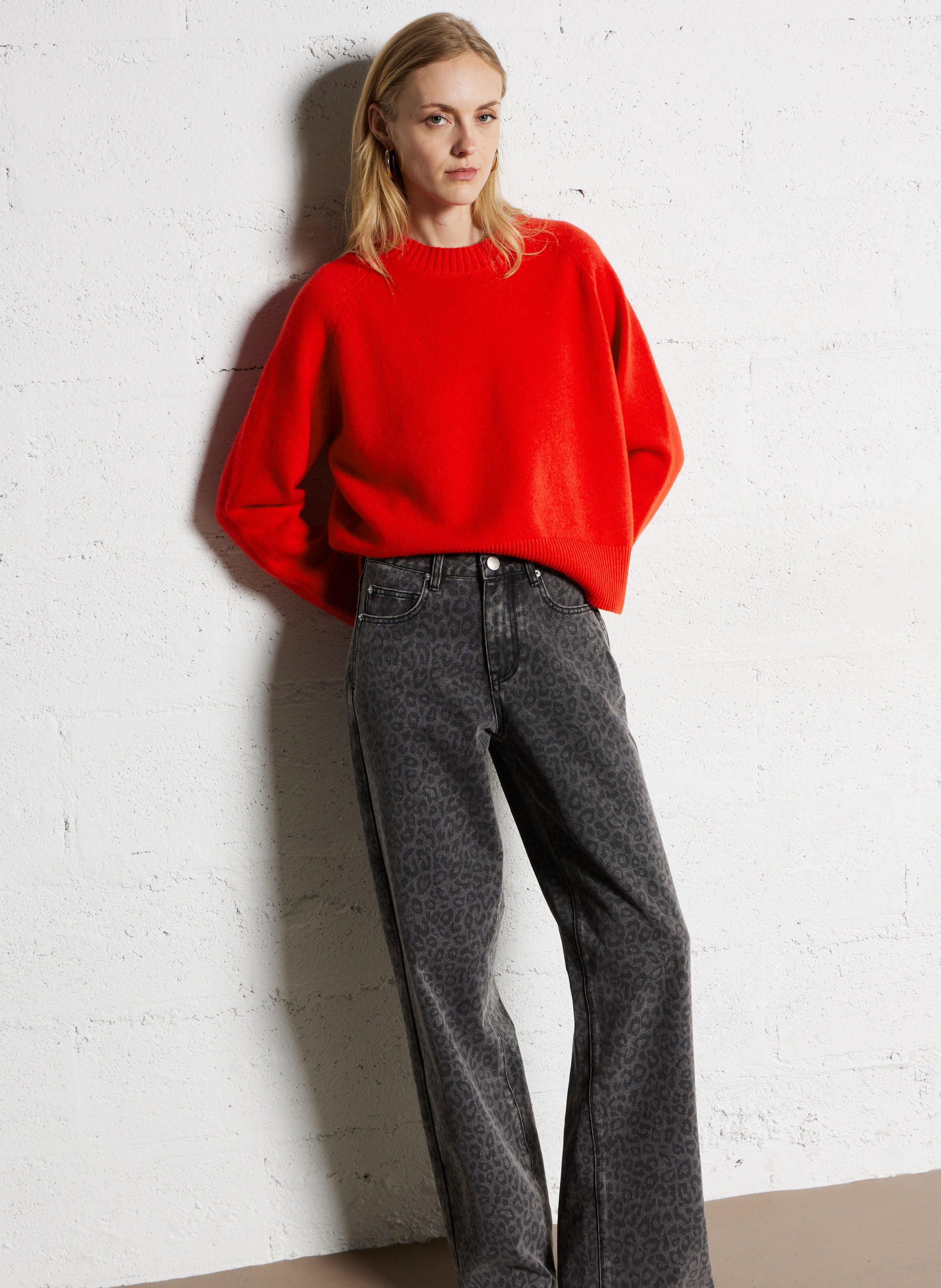 Pull ample col rond en laine SUNCOO Rouge