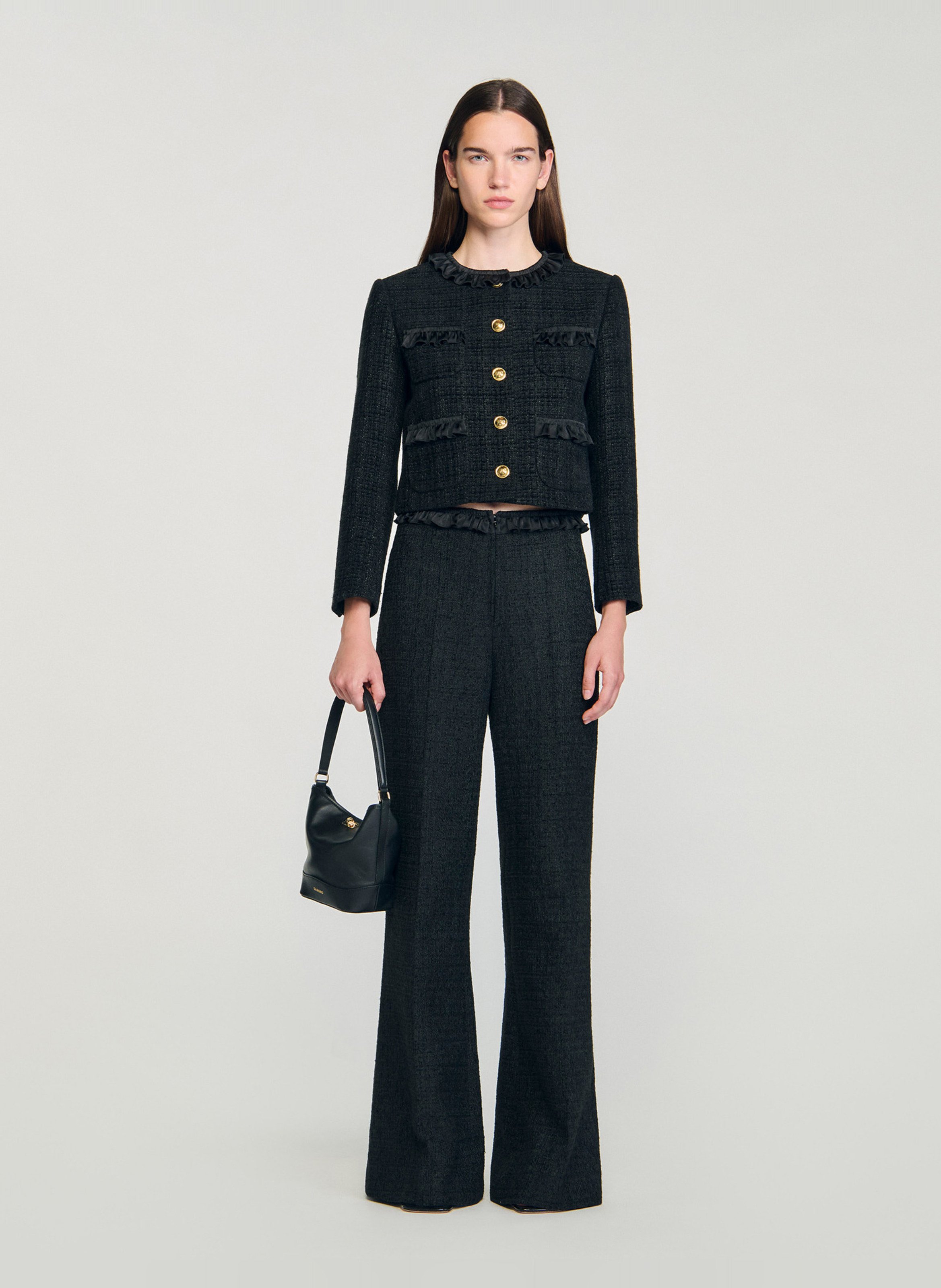Pantalon tailleur taille haute en tweed SANDRO Noir