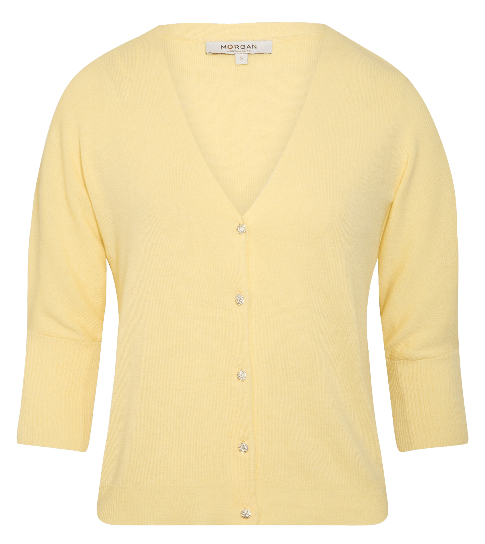 Taillierte Strickweste mit V-Ausschnitt und einfarbigen Knöpfen. MORGAN Gelb