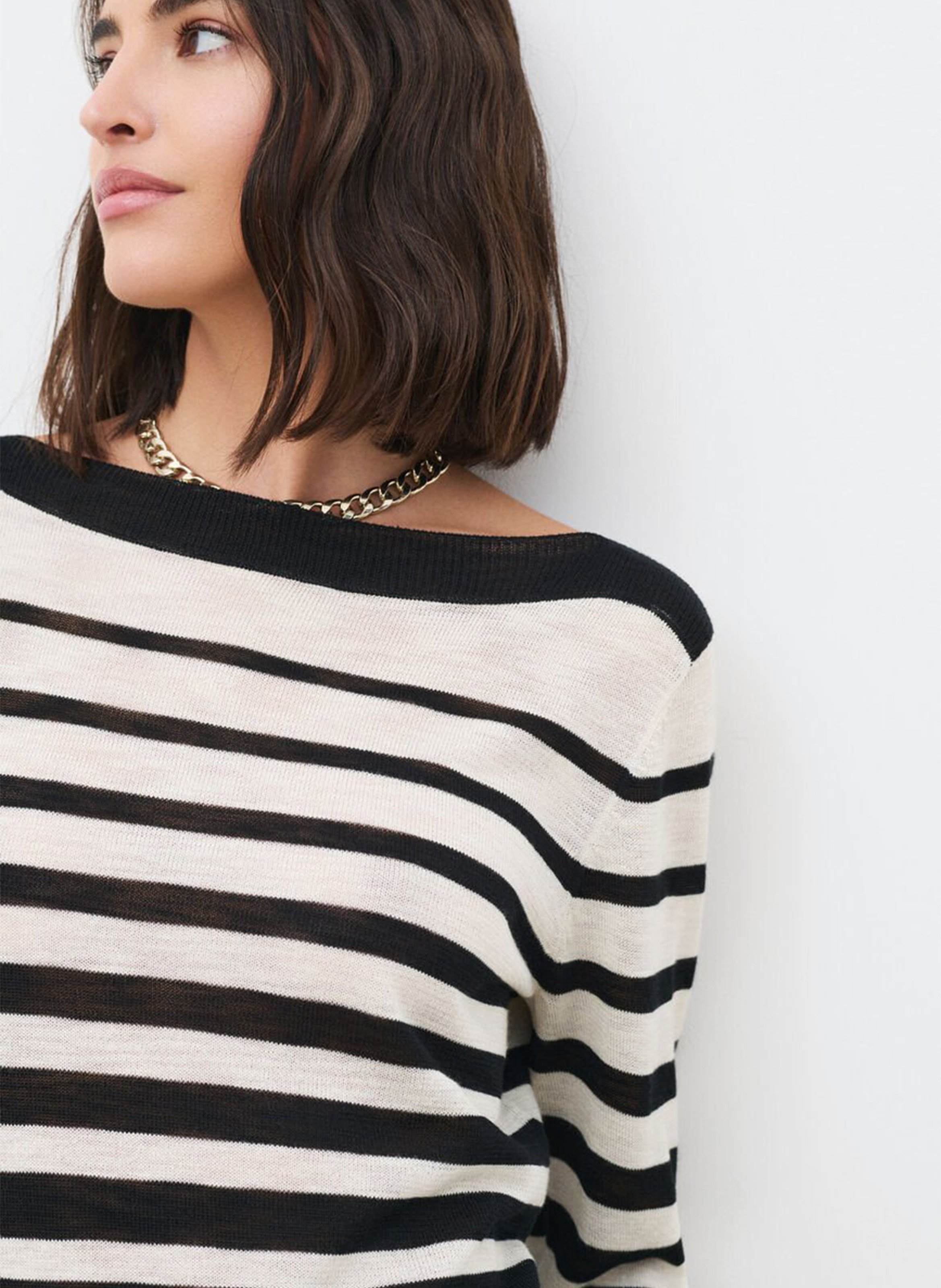 Pull droit col bateau en maille rayée CAROLL Noir