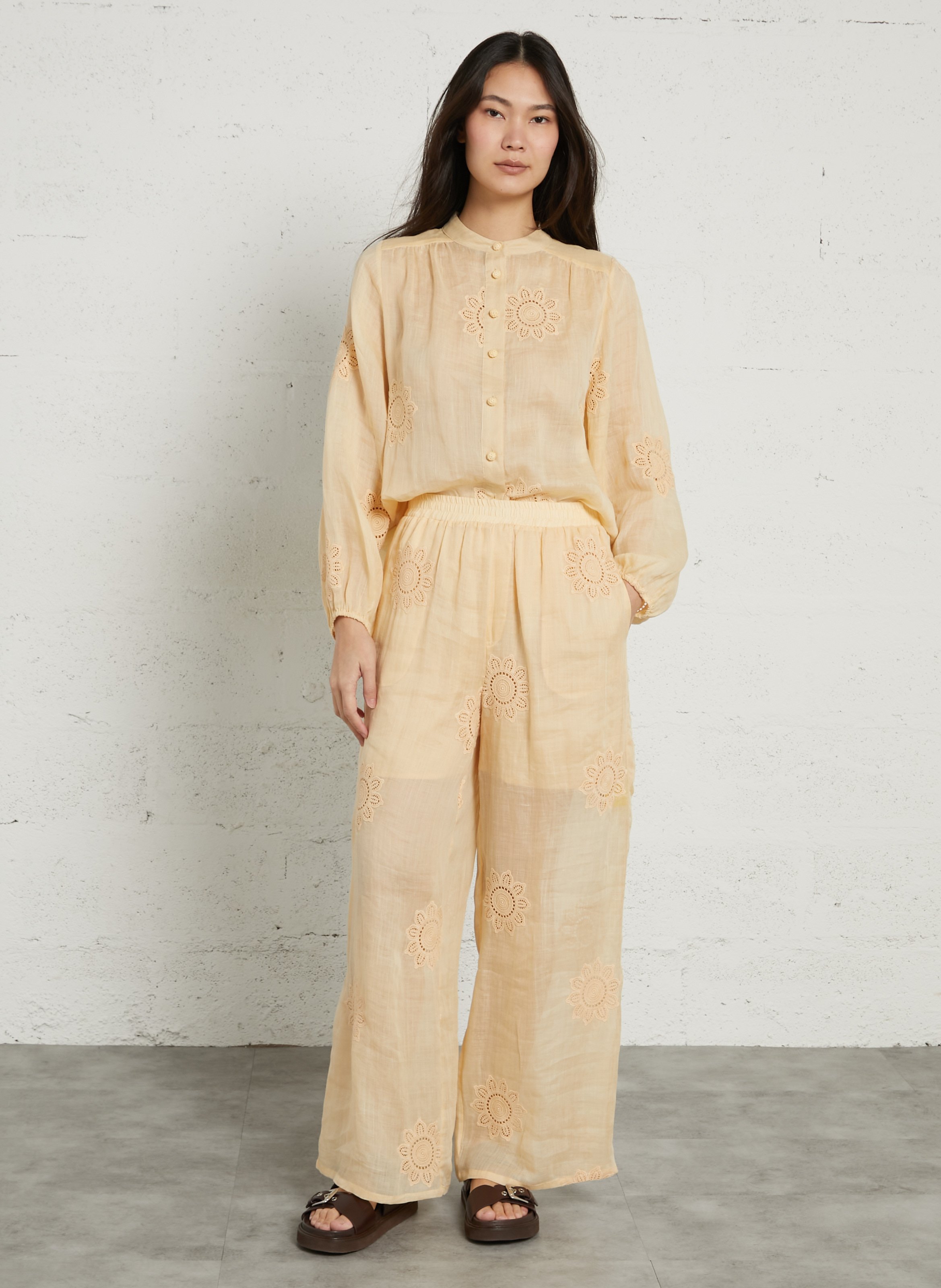 Wide-leg pants with floral embroidery BERENICE Orange