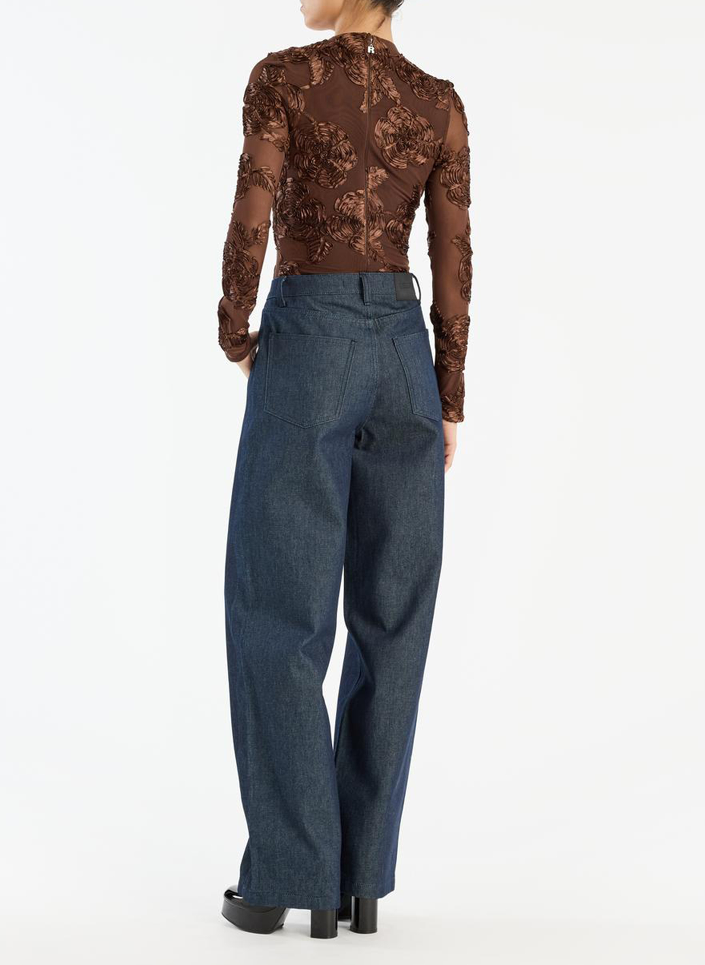 Floral round neck fitted top. ROTATE Brown