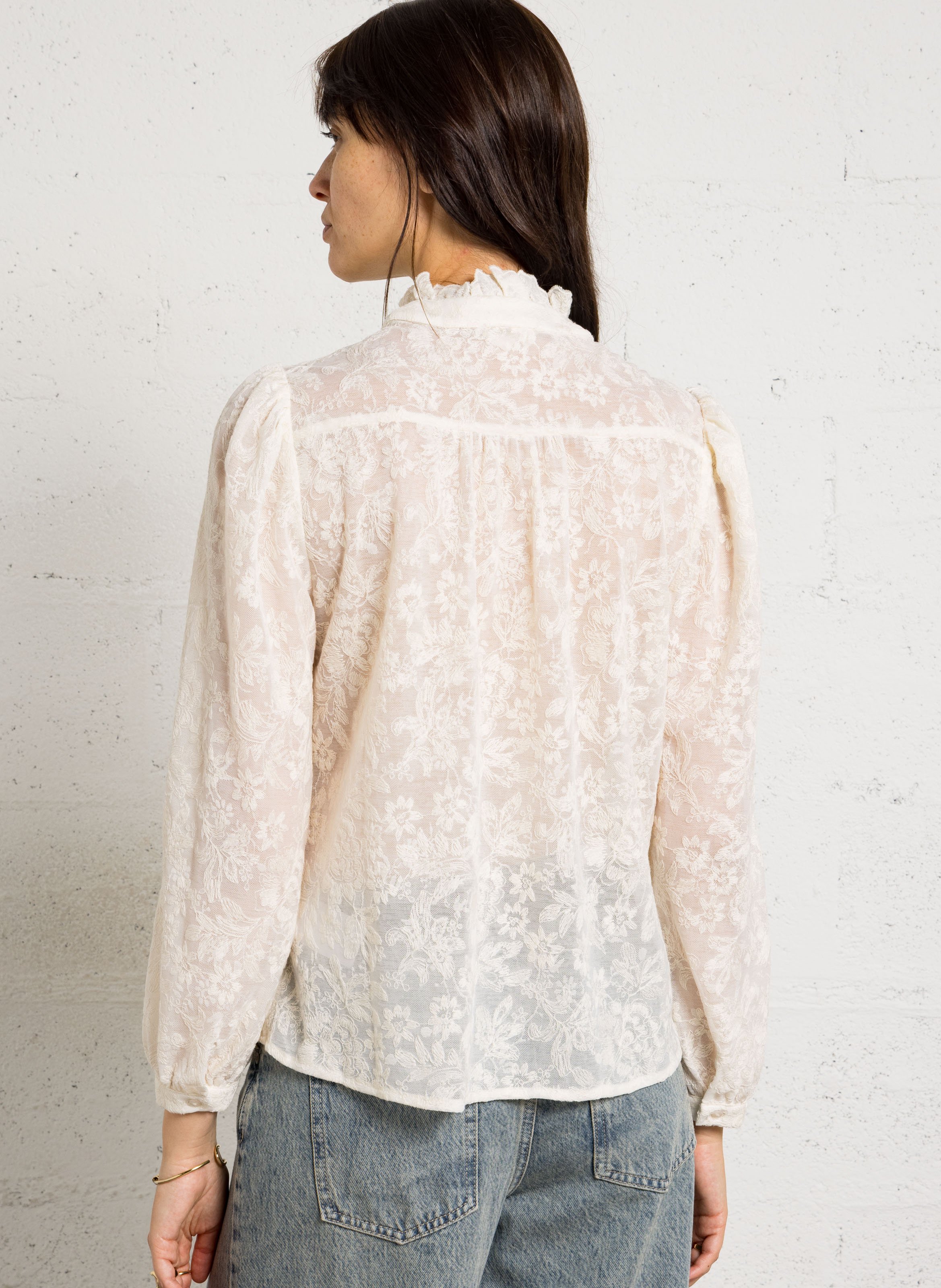 Chemise droite col montant en coton brodé MAISON 123 Beige