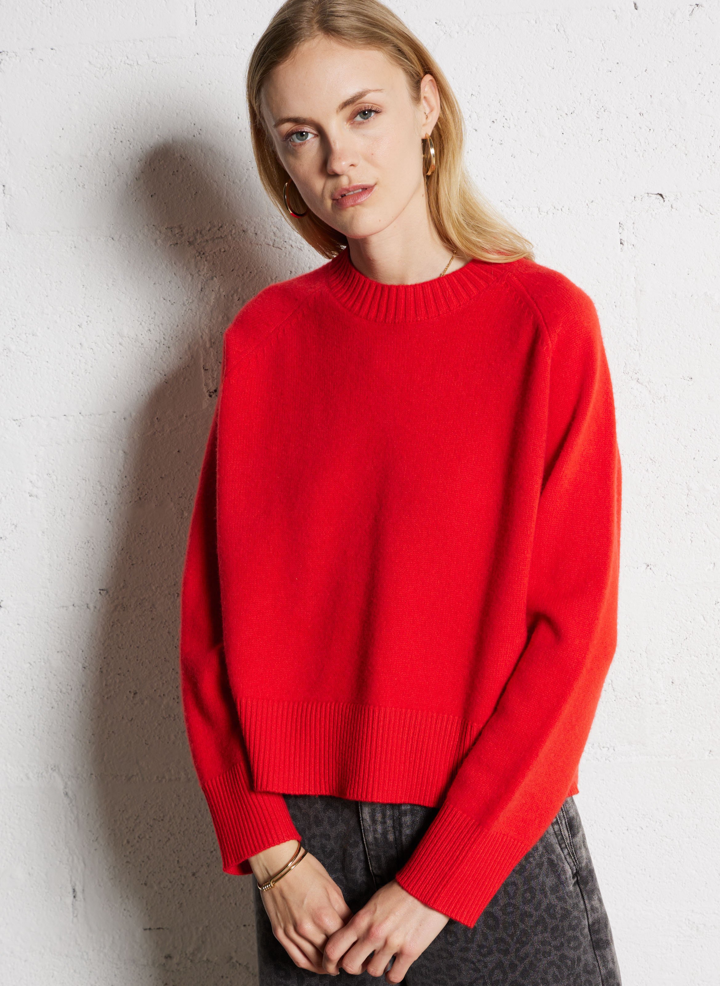 Pull ample col rond en laine SUNCOO Rouge