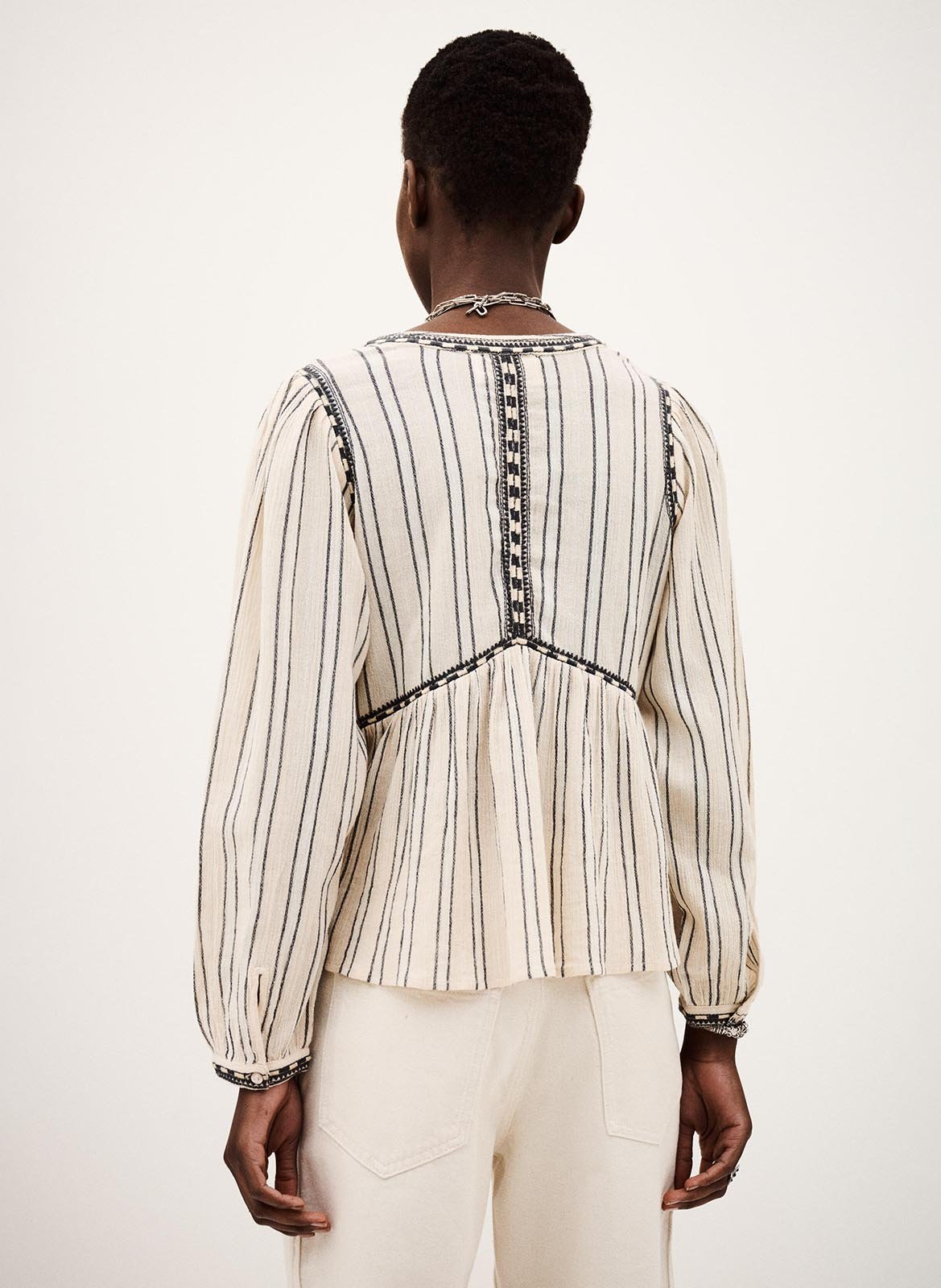 Top droit col V en coton rayé BA&SH Beige