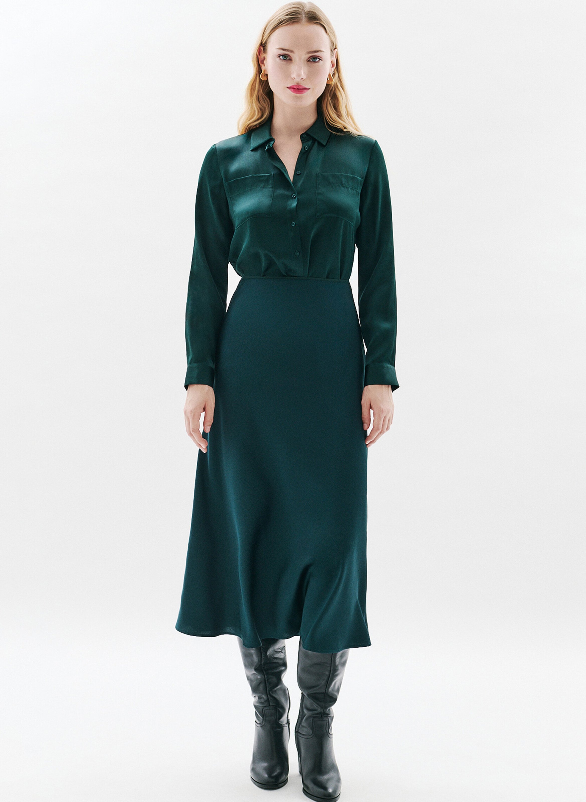 Long satin-effect skirt CAROLL Green