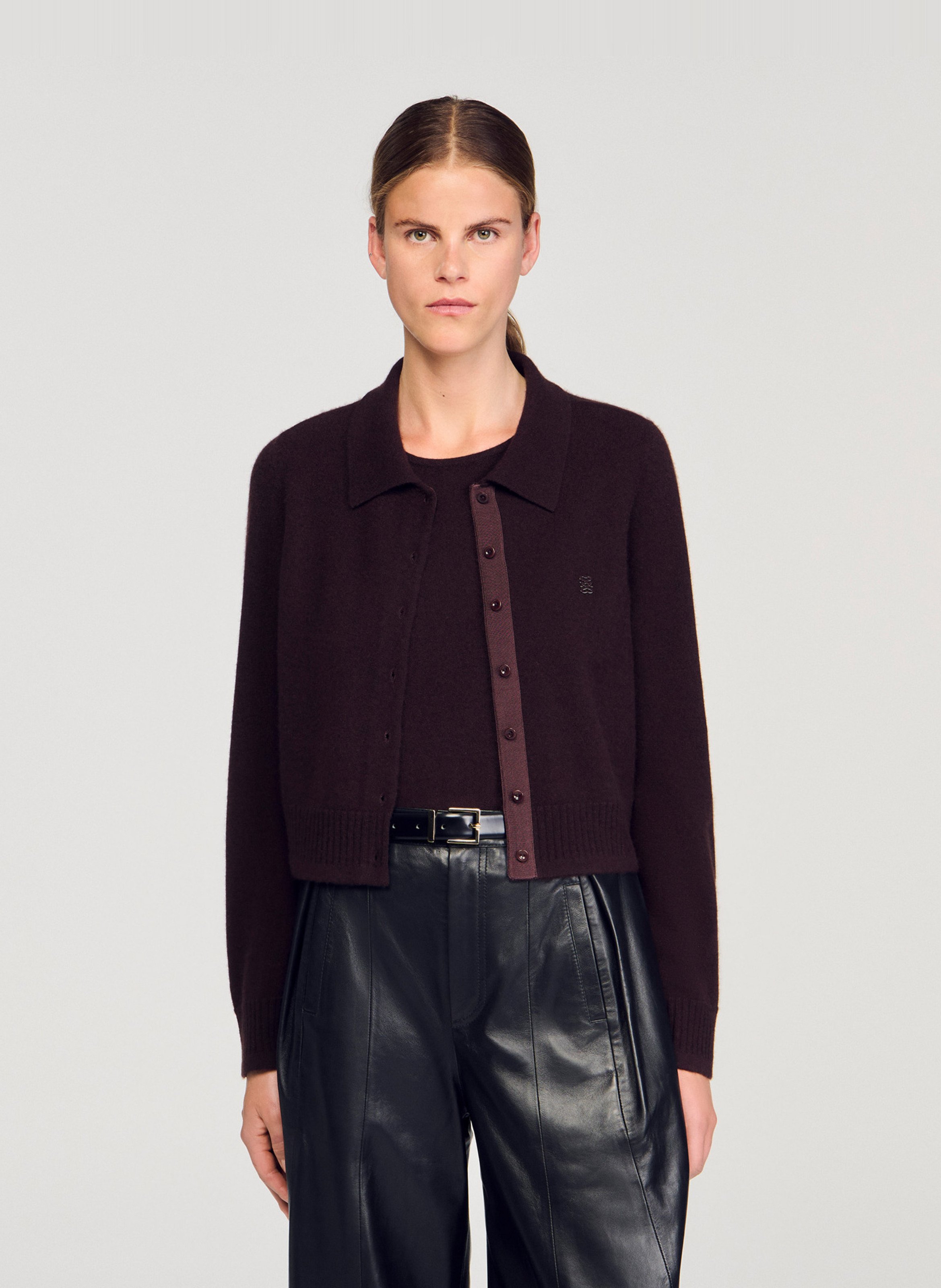 Rechte cardigan met klassieke kraag van wol en kasjmier. SANDRO Bruin