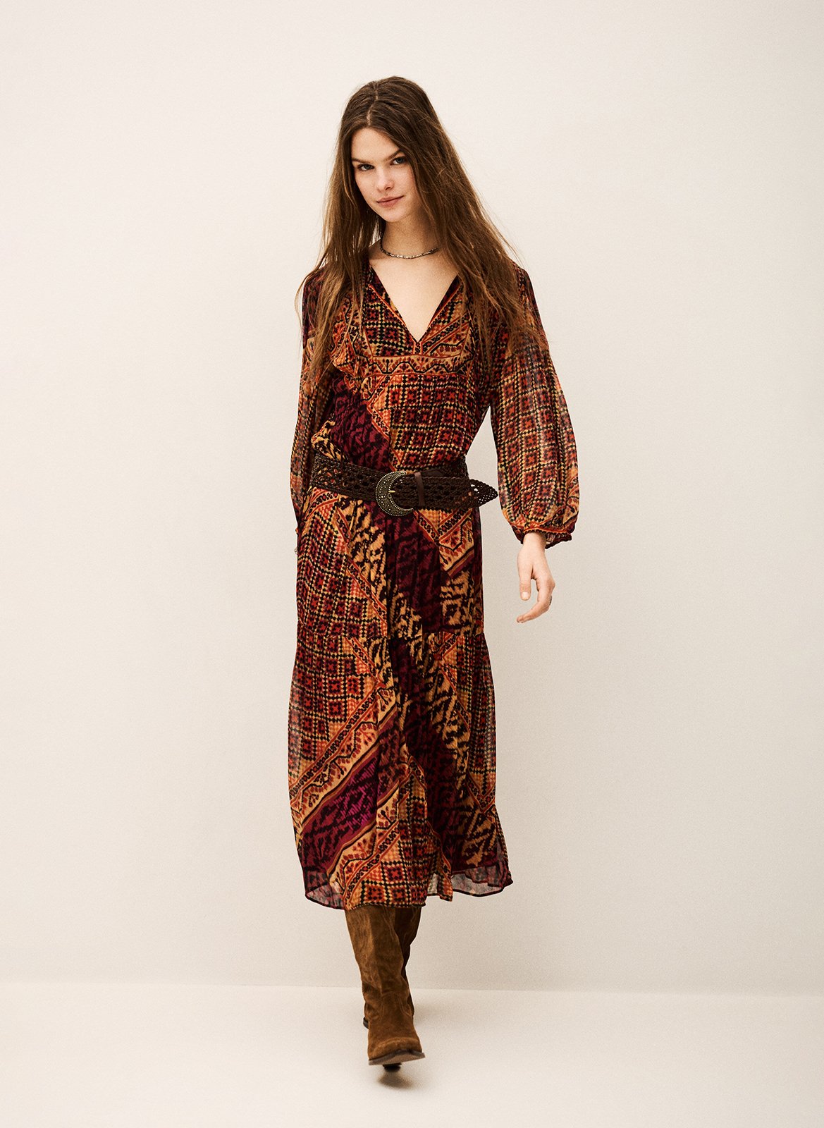 Robe longue col tunisien imprimée BA&SH Rouge