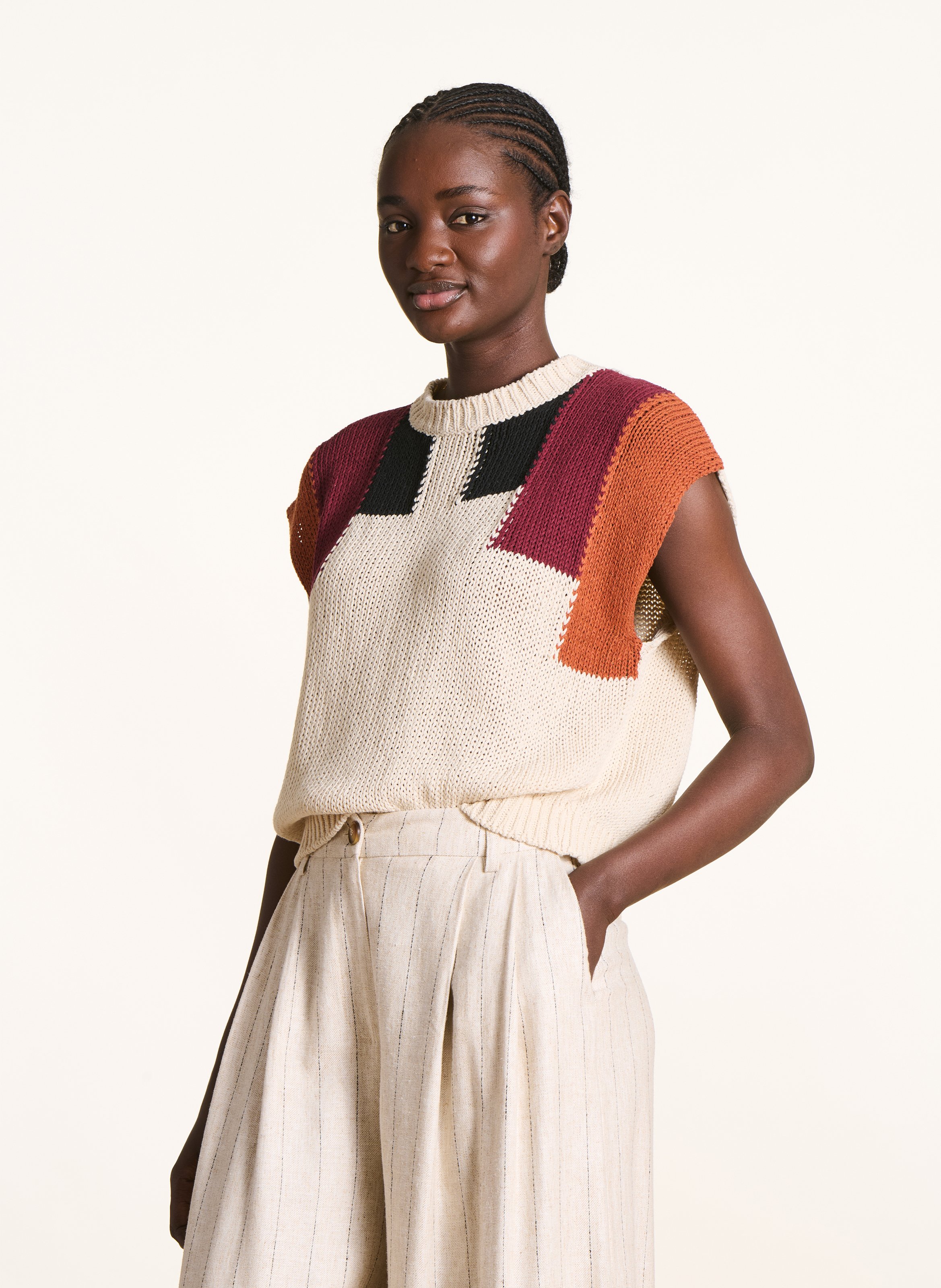 Straight fit round neck jacquard top in blended recycled cotton LA FEE MARABOUTEE Brown