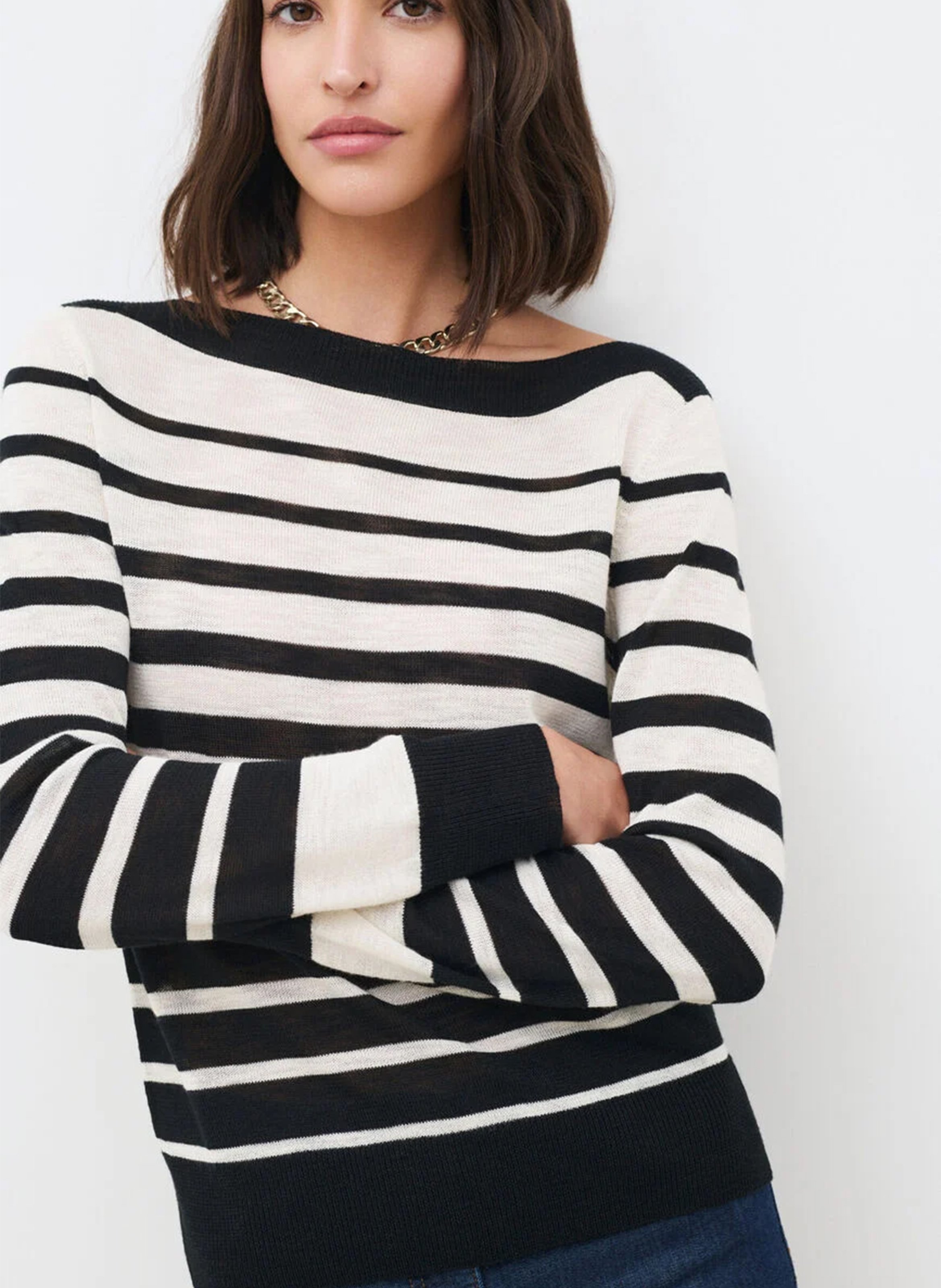 Pull droit col bateau en maille rayée CAROLL Noir