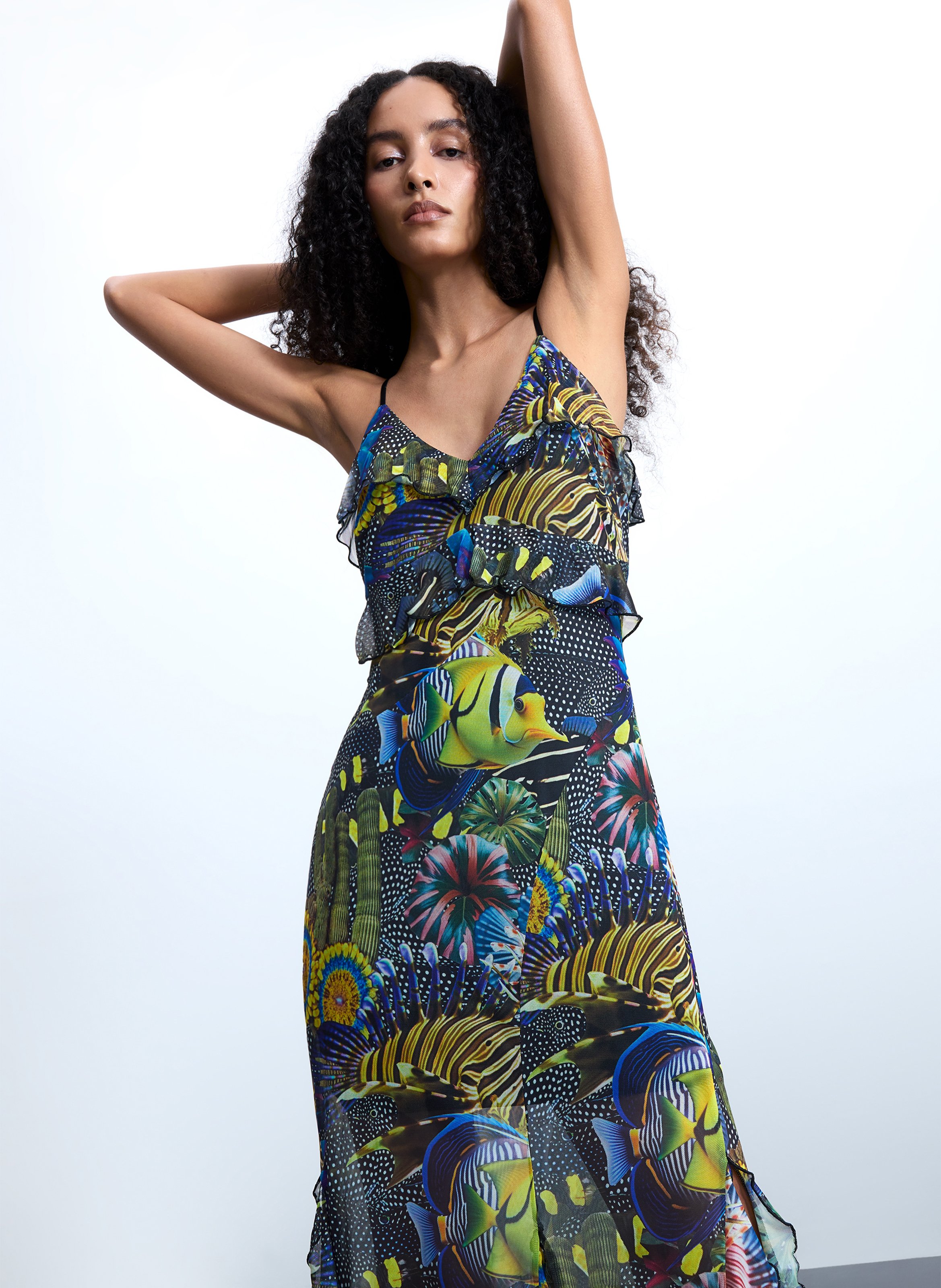 Robe courte asymétrique imprimée col v DESIGUAL Noir