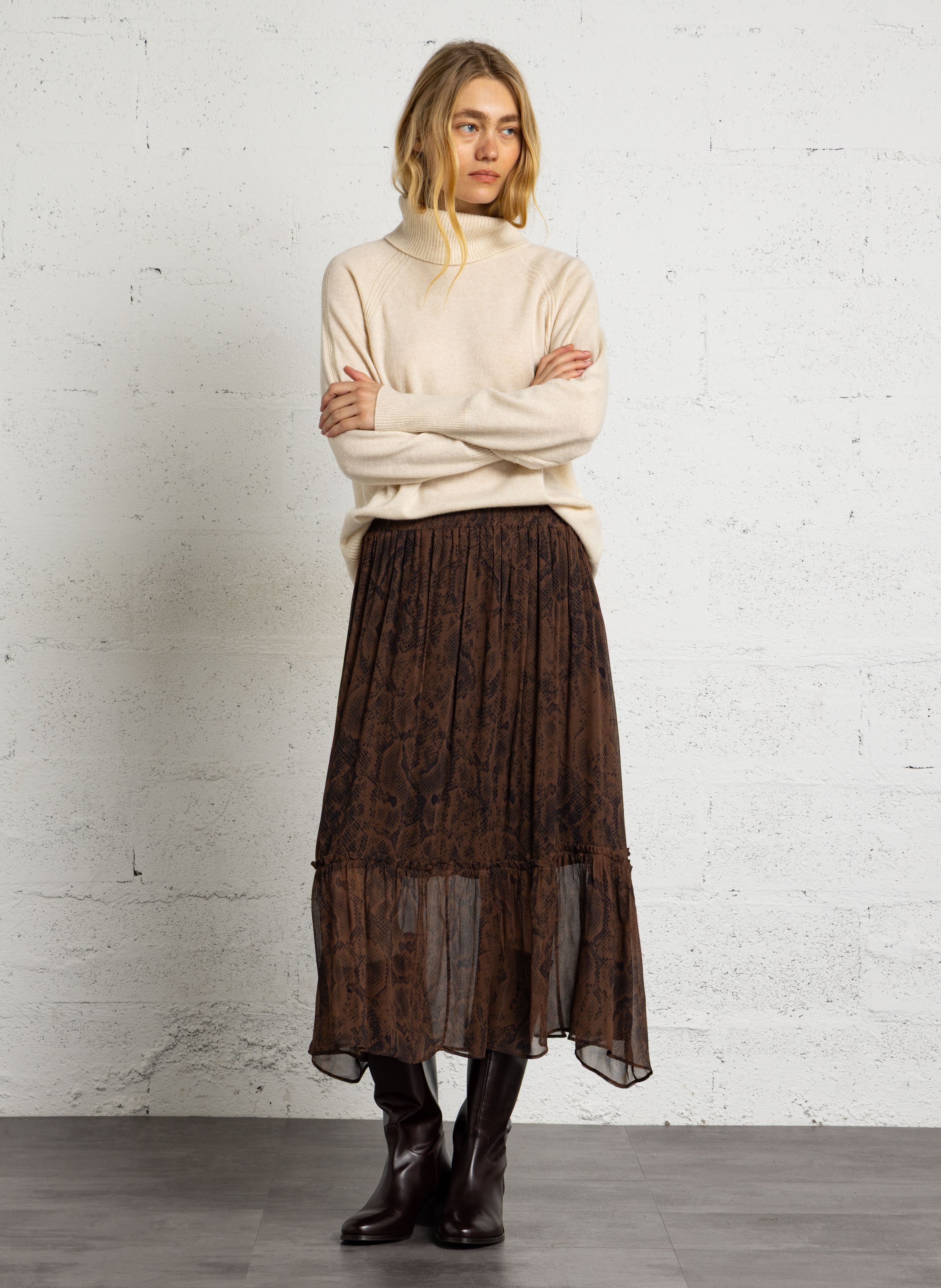 Python-print flared skirt BERENICE Brown