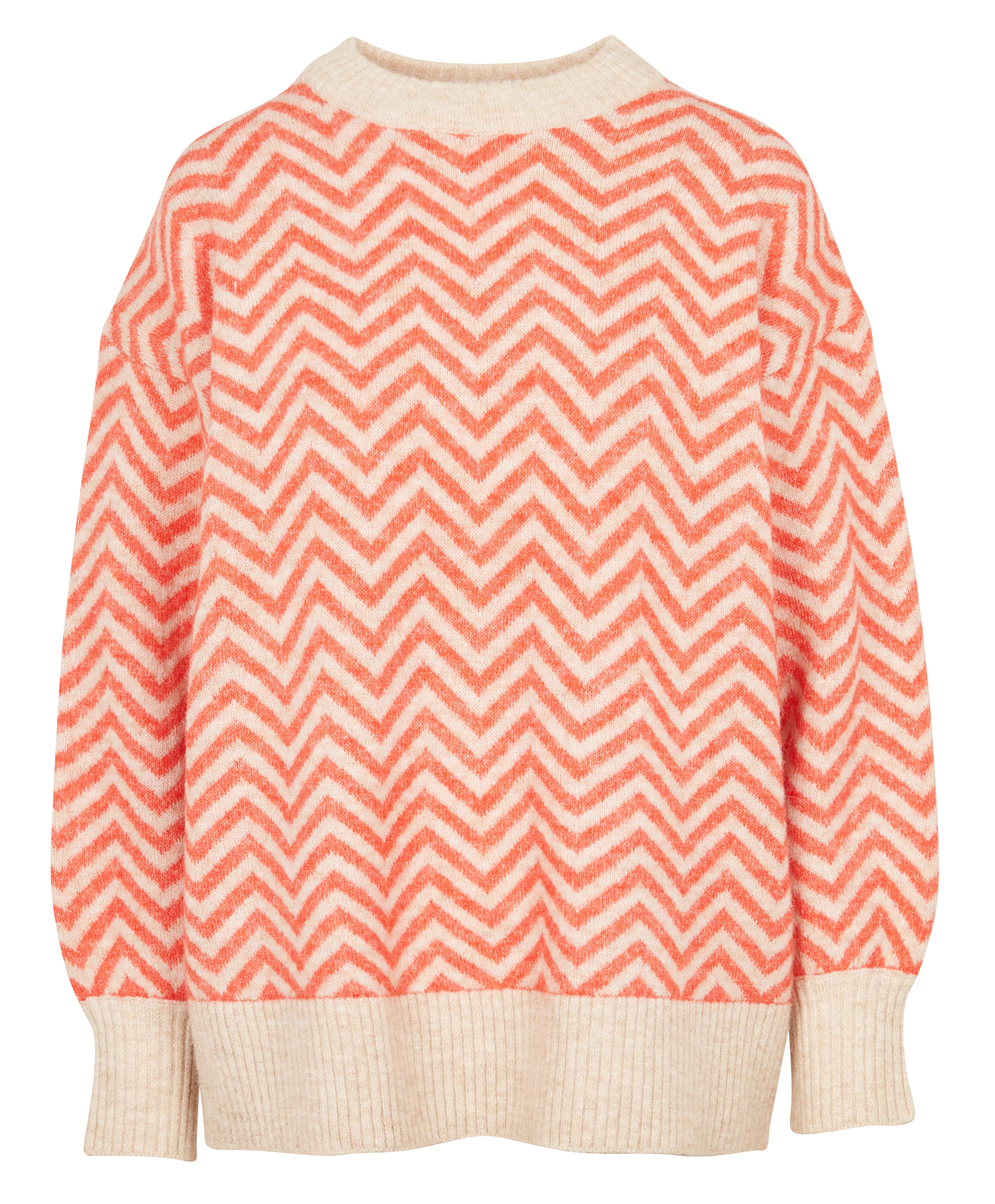 Loose-fit mixed-knit round-neck sweater with zigzag pattern OBJECT Beige
