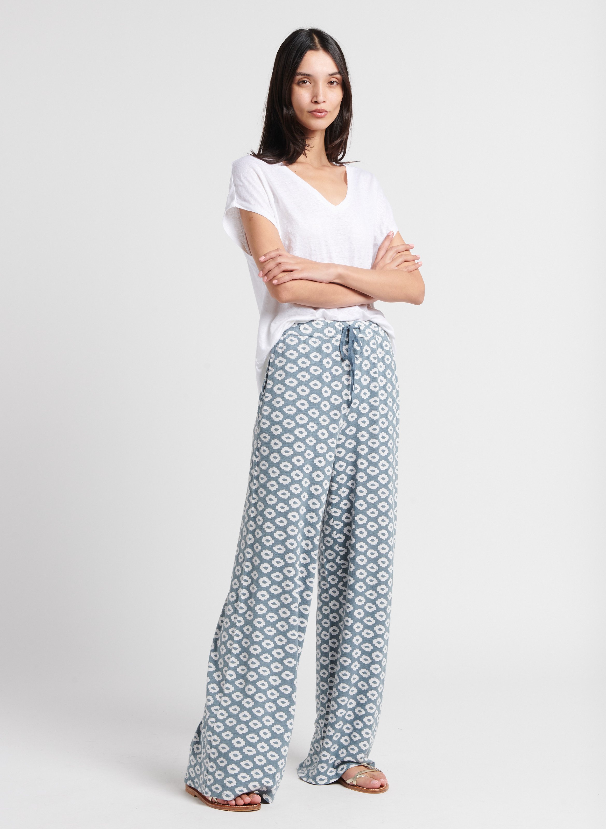 Tee-shirt ample col V en lin stretch MAJESTIC FILATURES Blanc