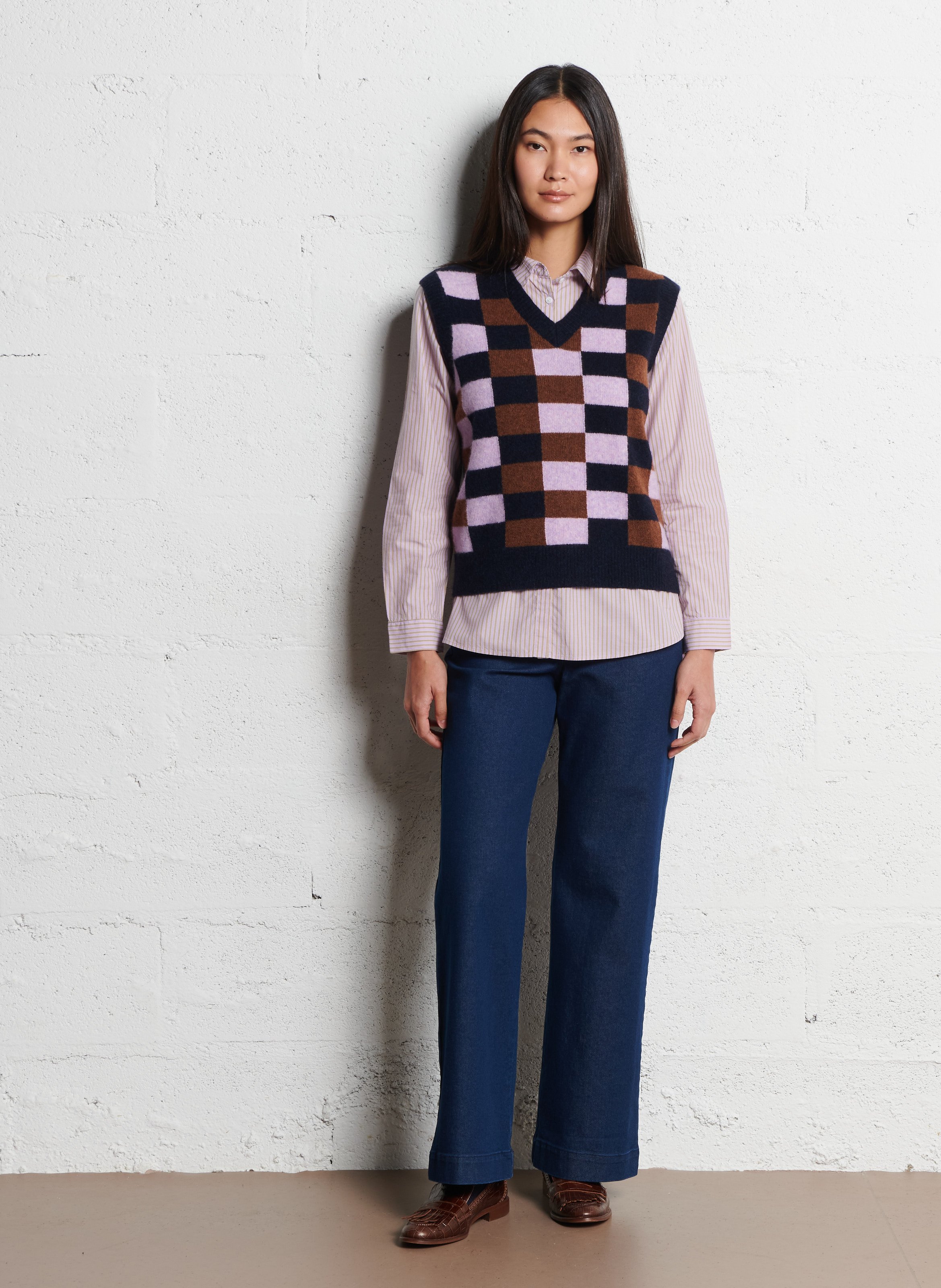 Pull sans manches col V à carreaux en laine mélangée NICE THINGS Bleu