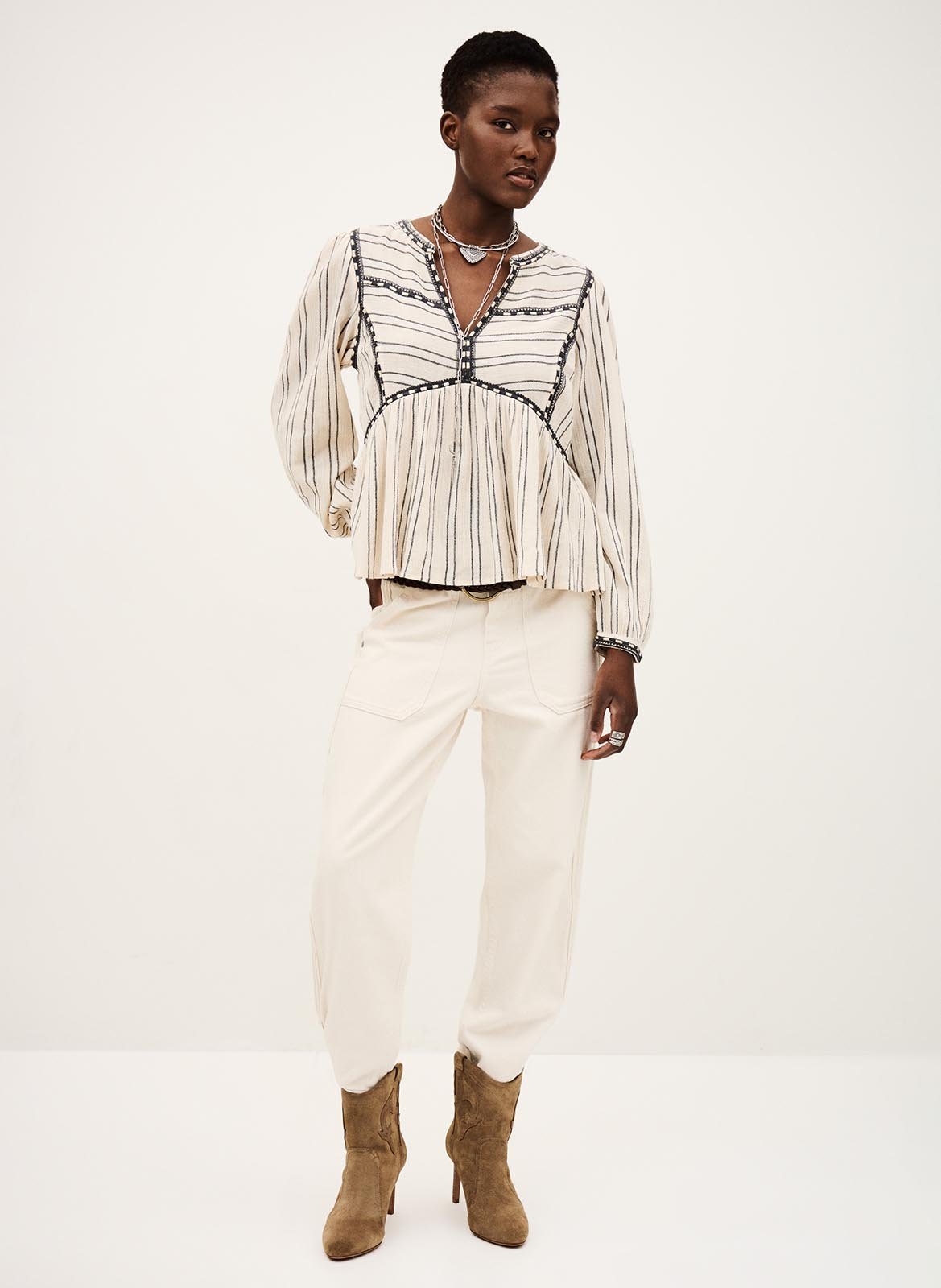 Top droit col V en coton rayé BA&SH Beige