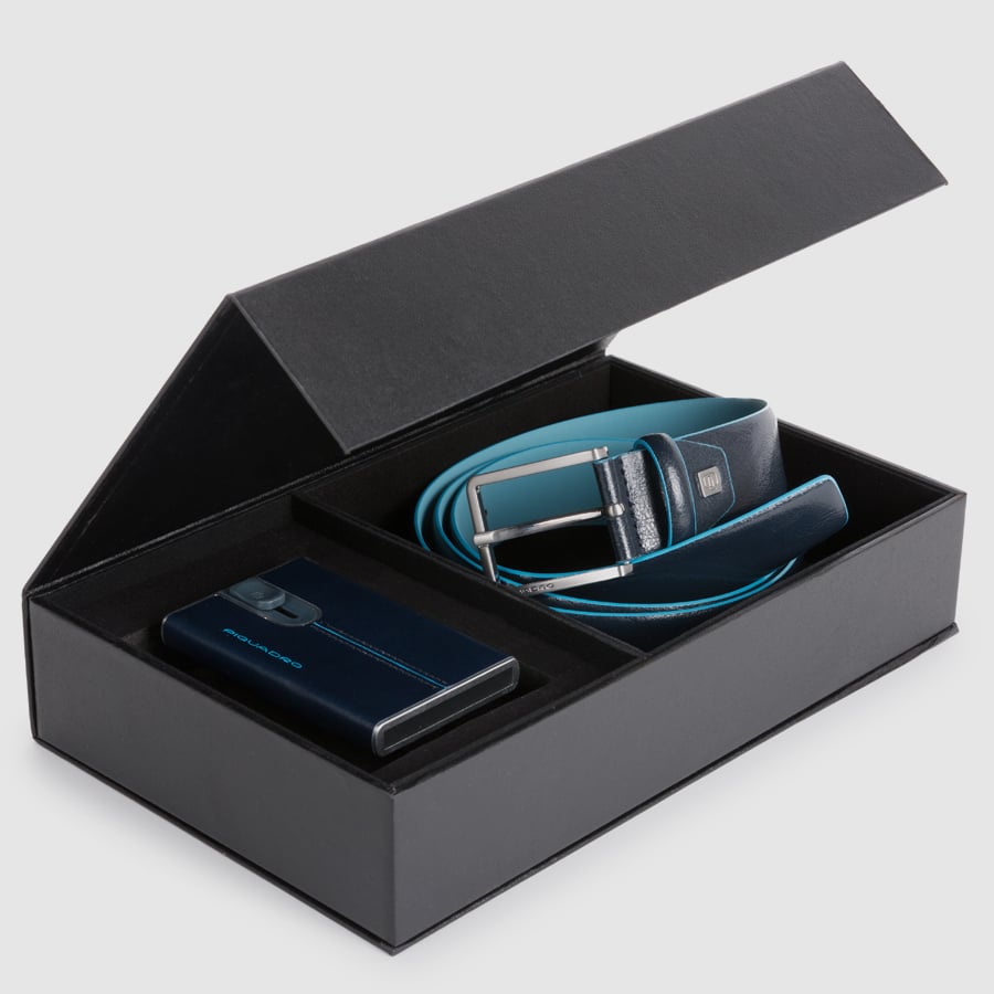 Gift set with men's leather belt cu5258b2 and credit card holder pp4825b2r PIQUADRO