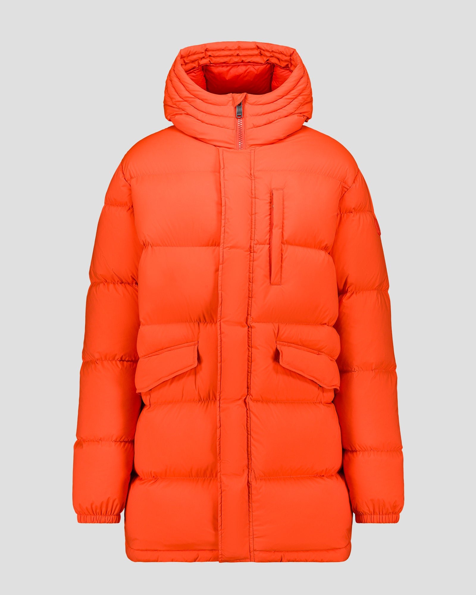 Mid-length stretch cold weather puffer coat by Scott. JOTT Red