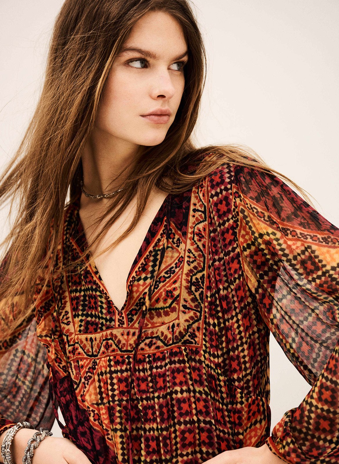 Robe longue col tunisien imprimée BA&SH Rouge