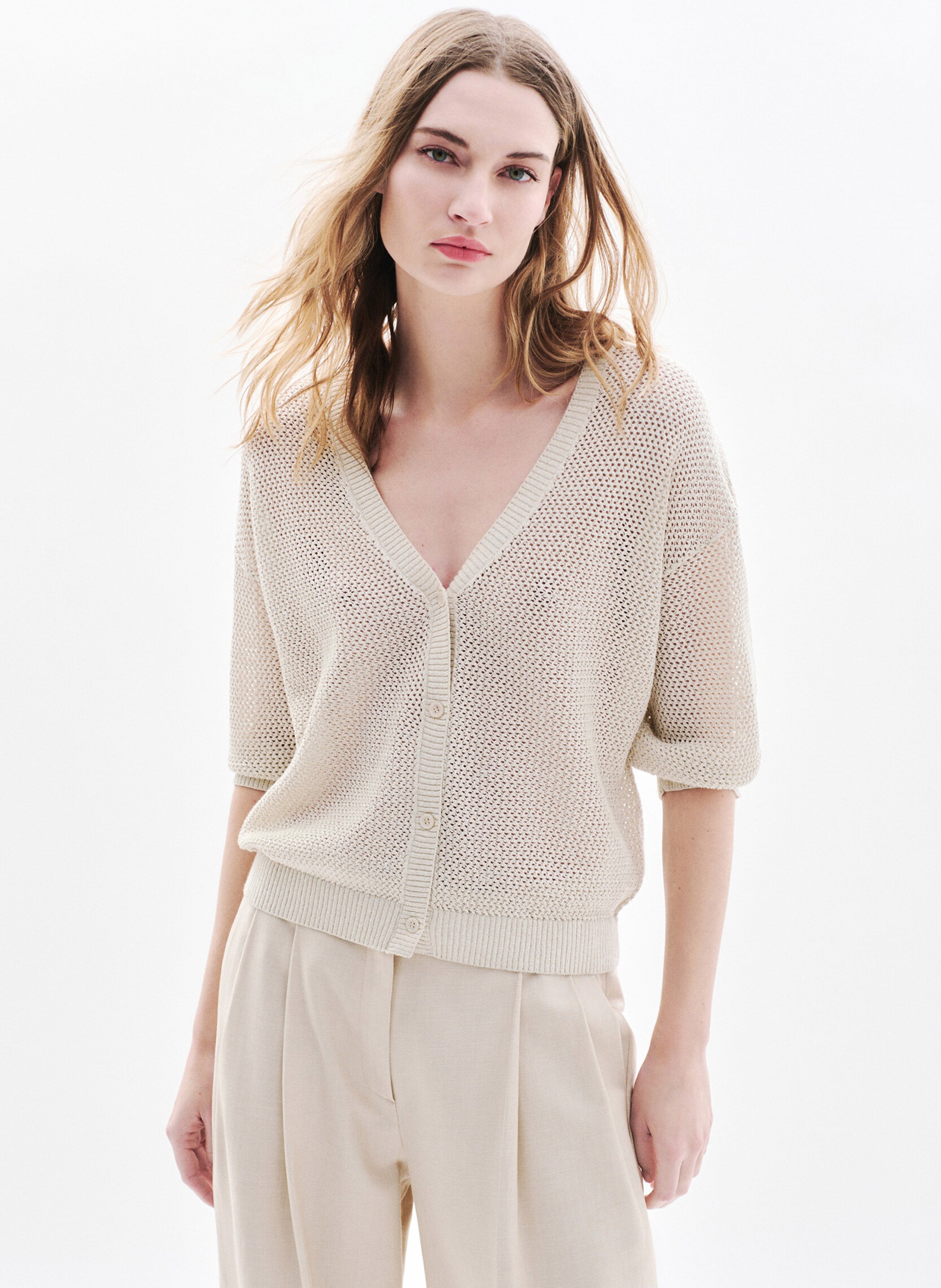 Buttoned cardigan in openwork knit CAROLL Beige