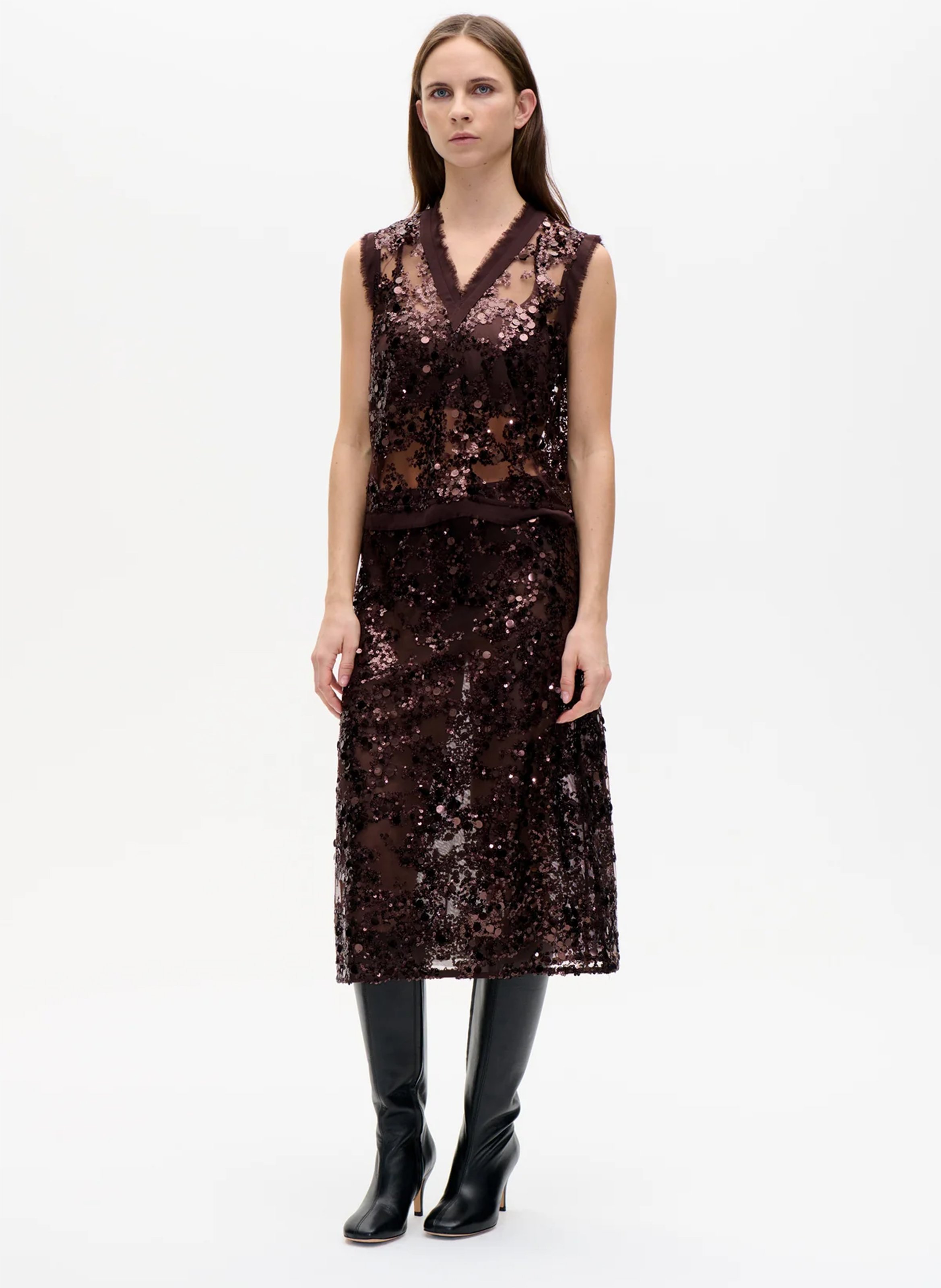 Top col V sans manches à sequins BAUM UND PFERDGARTEN Marron