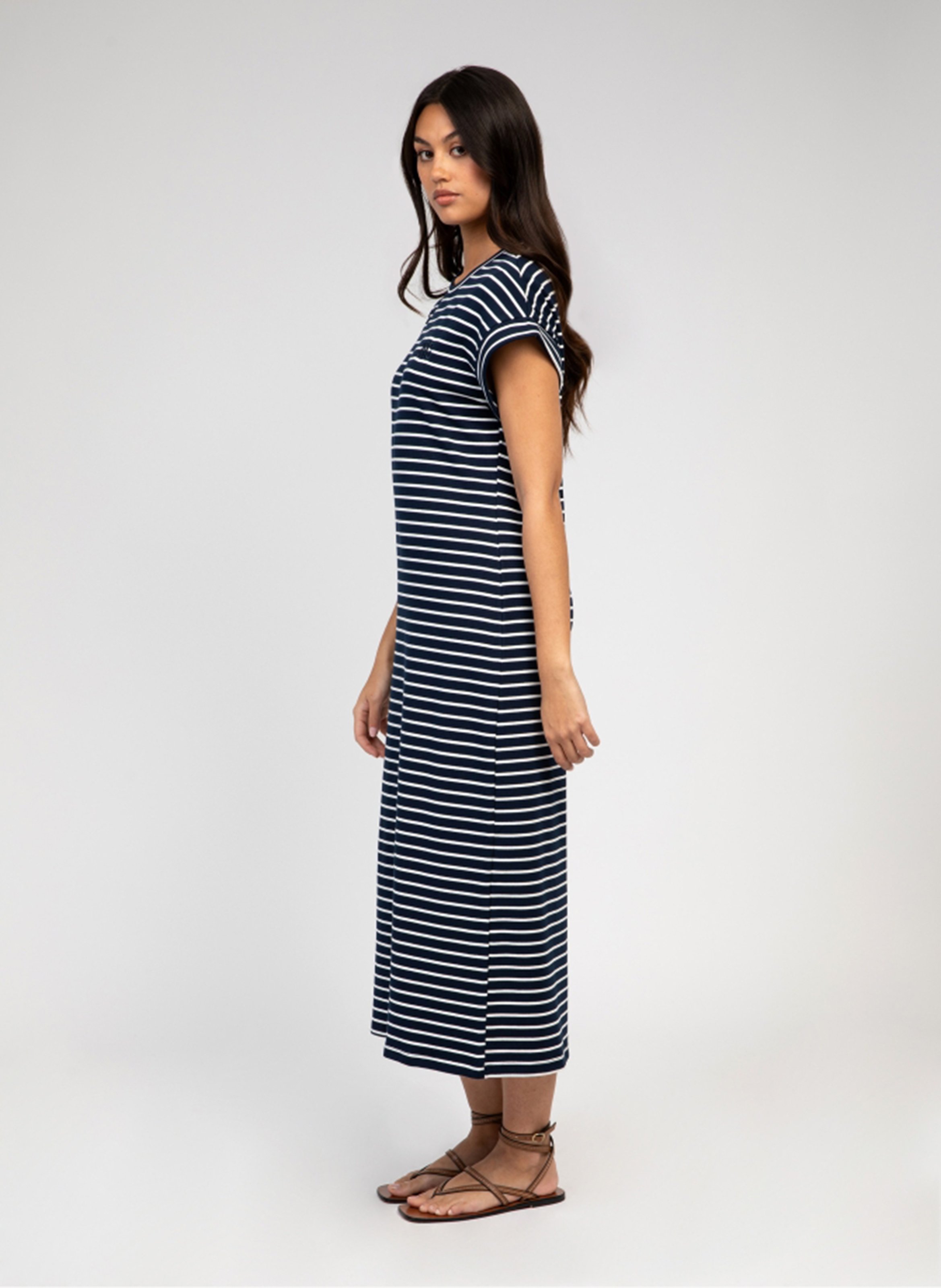 Round-neck striped cotton-blend midi dress AN'GE Blue