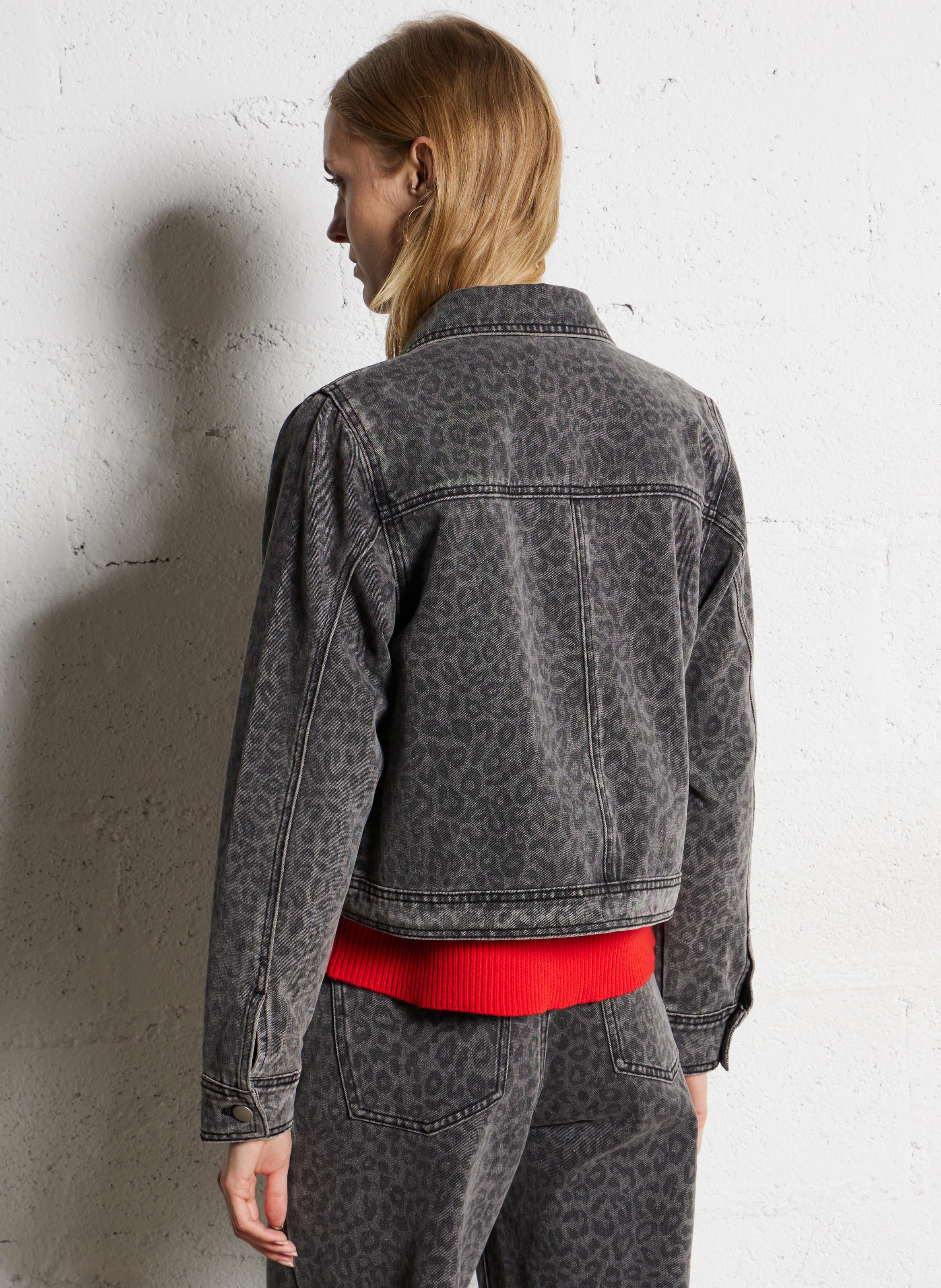 Veste col classique en denim de coton mélangé imprimé SUNCOO Noir