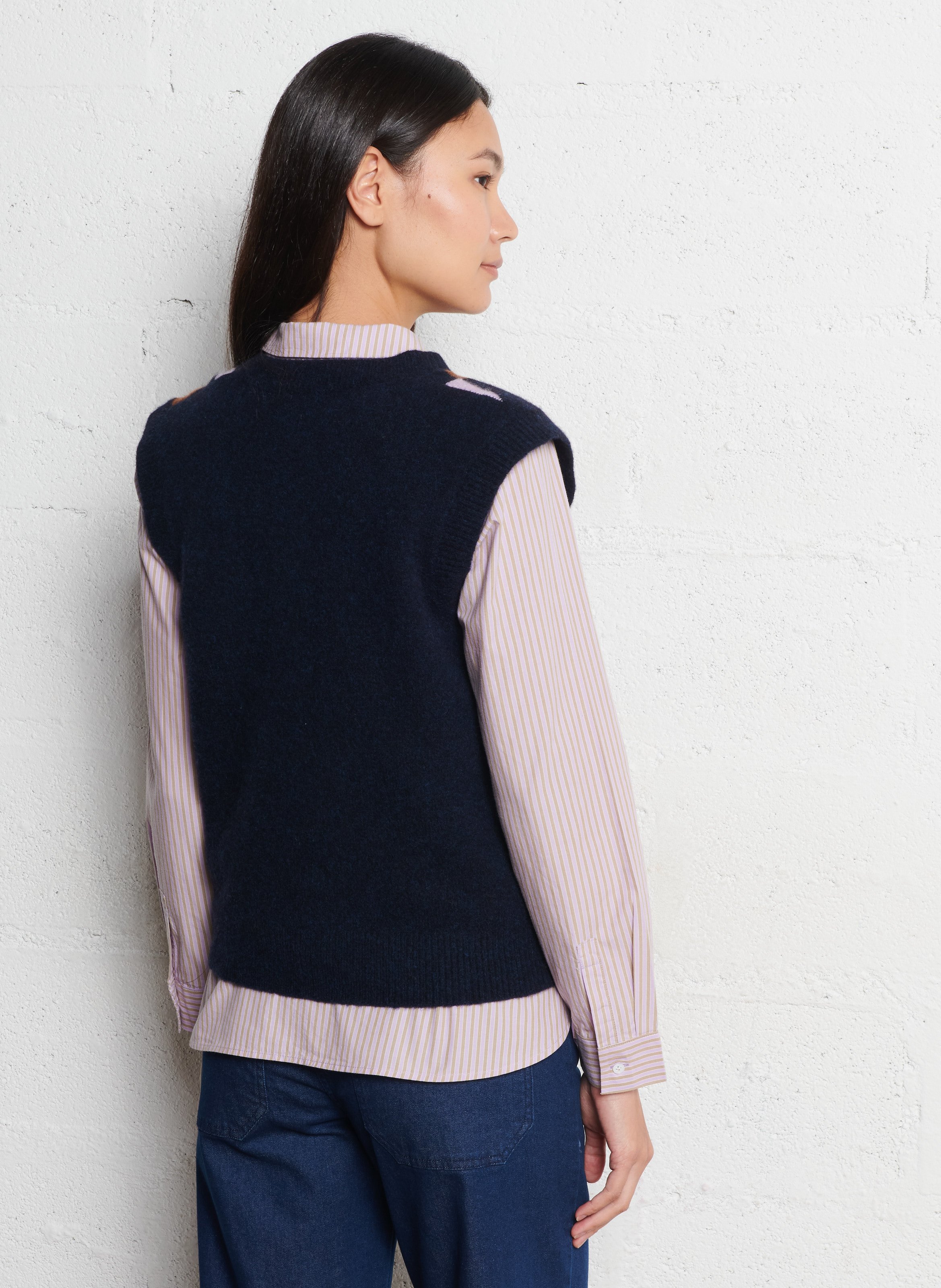 Pull sans manches col V à carreaux en laine mélangée NICE THINGS Bleu