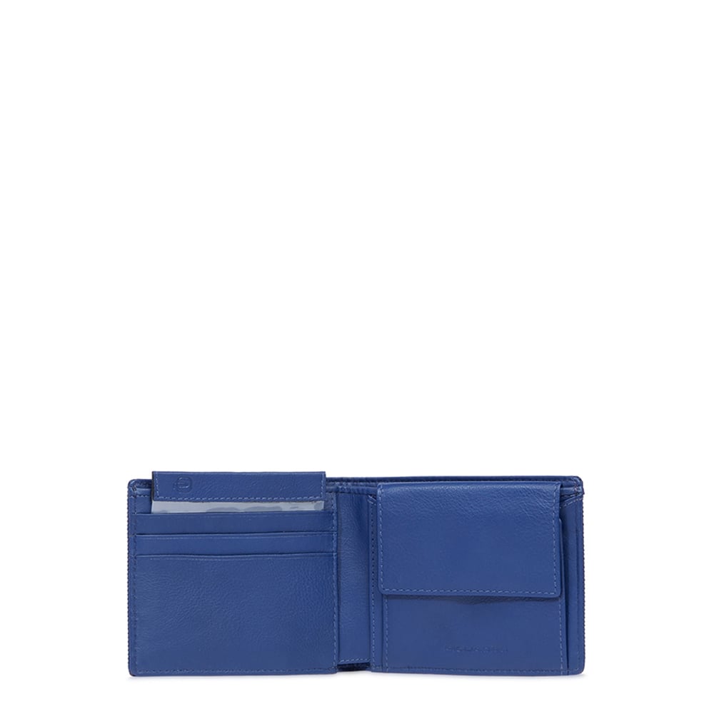 Men's wallet with coin pocket, credit card slots, removable flap, and RFID protection PIQUADRO Blue
