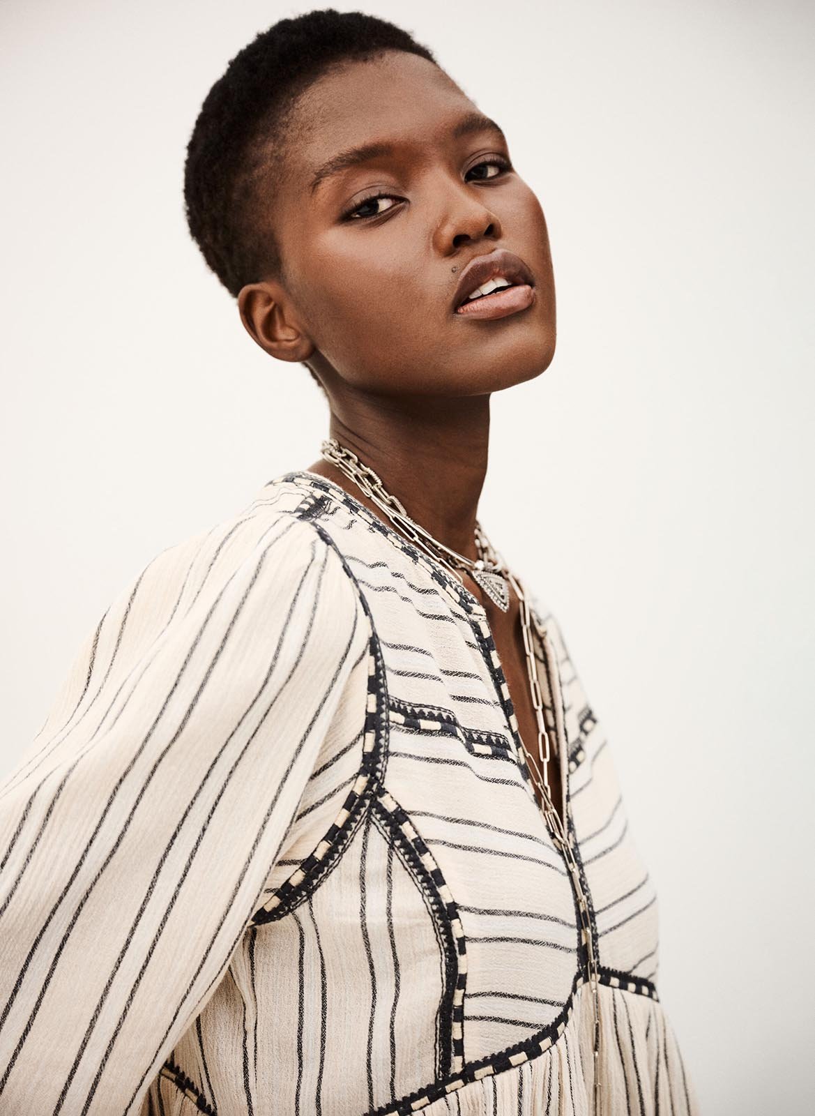 Top droit col V en coton rayé BA&SH Beige