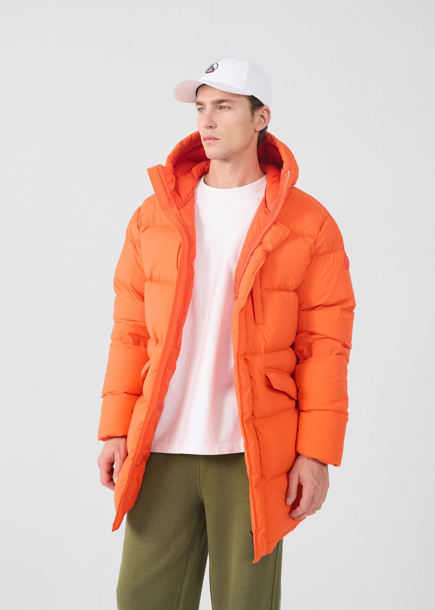 Mid-length stretch cold weather puffer coat by Scott. JOTT Red