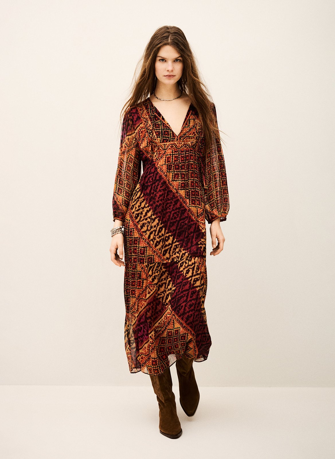 Robe longue col tunisien imprimée BA&SH Rouge