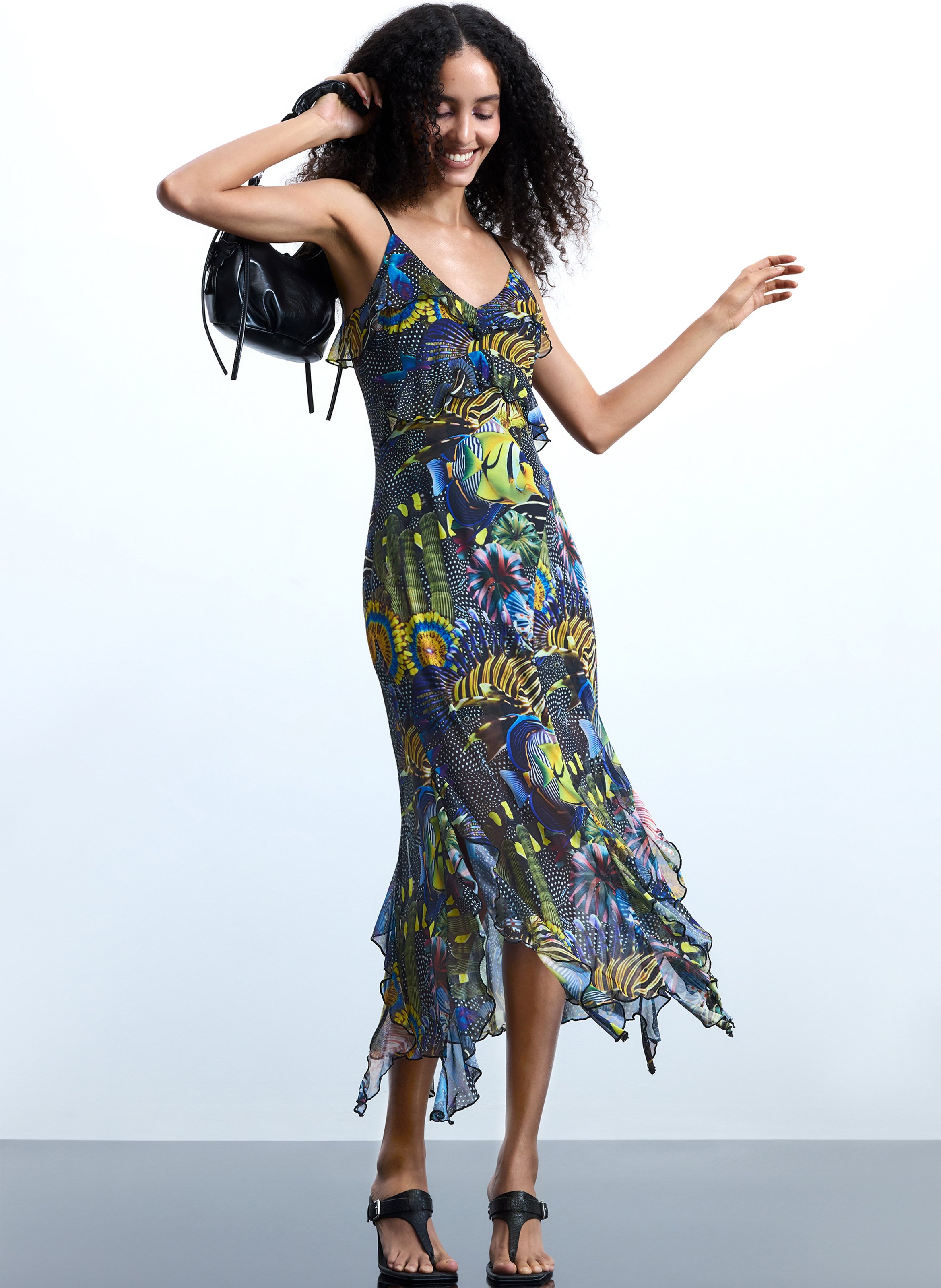 Robe courte asymétrique imprimée col v DESIGUAL Noir